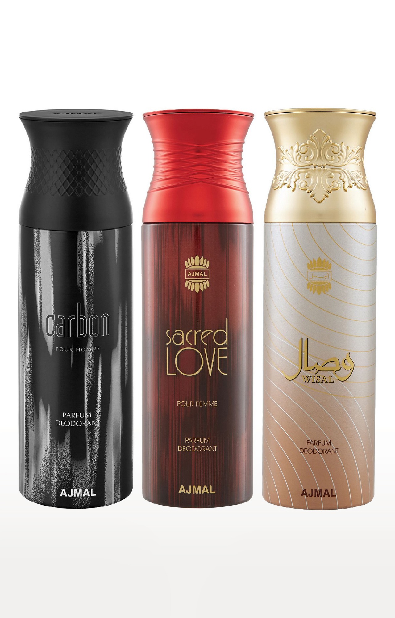 Ajmal Carbon & Sacred Love & Wisal Deodorant Spray - For Men & Women (200 ml, Pack of 3) 