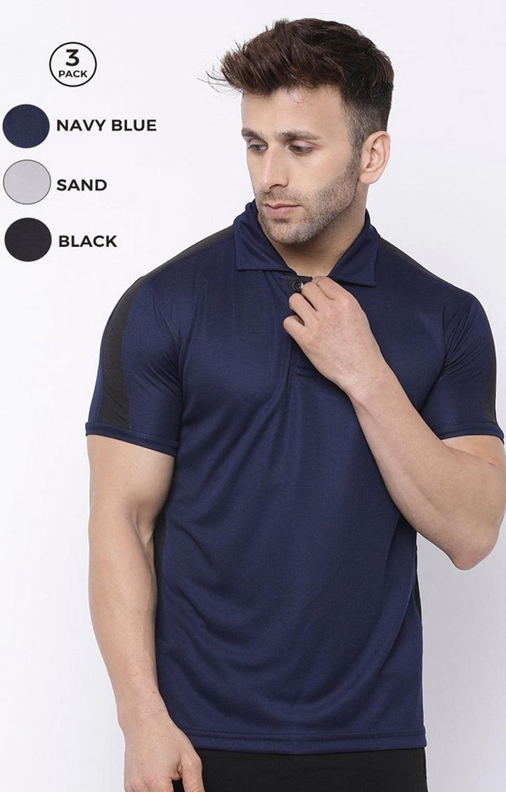 CHKOKKO | Men's Navy Blue Solid Polyester Activewear T-Shirt (Pack Of 3)