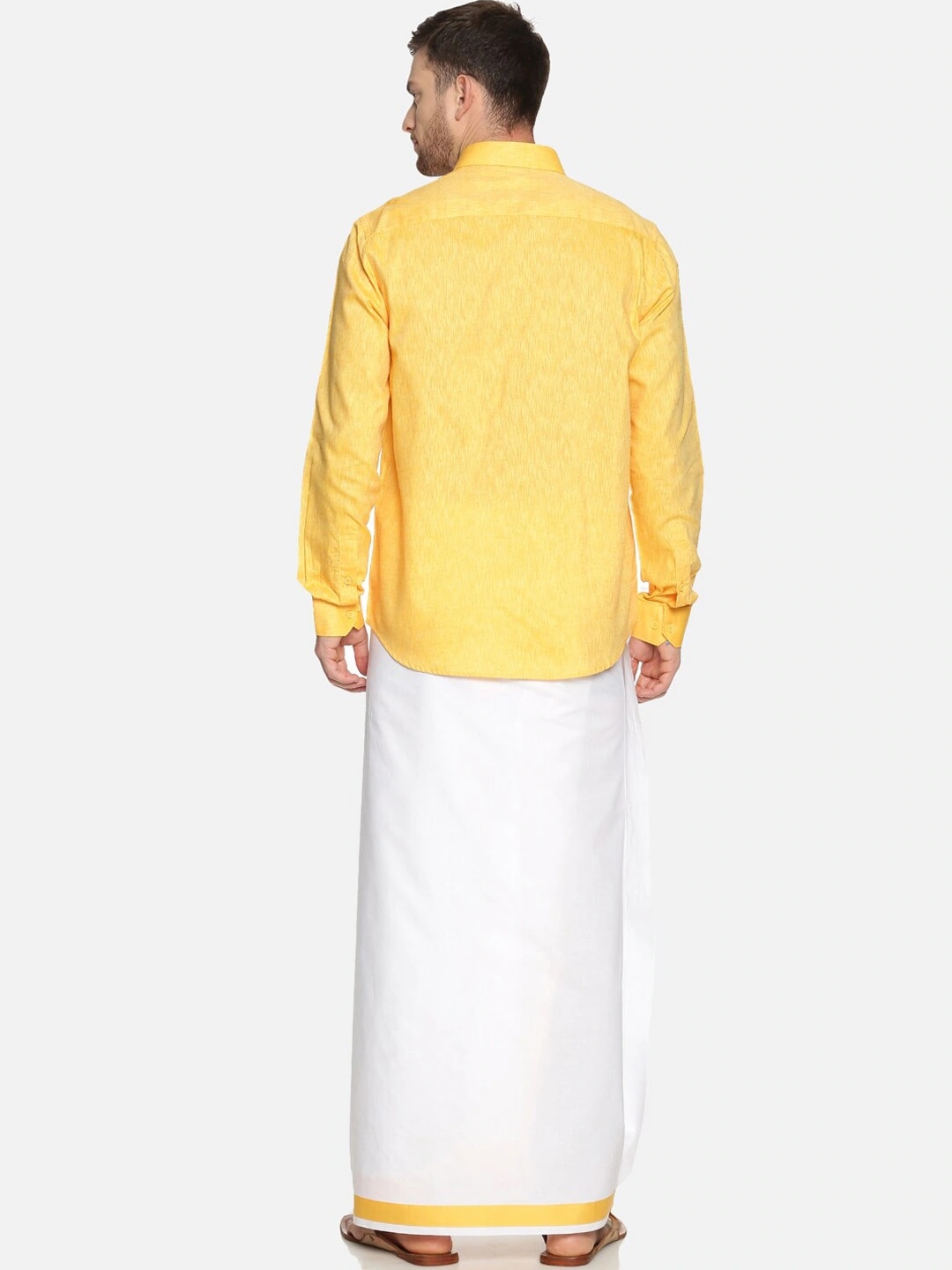 RAMRAJ COTTON Men Yellow White Solid Shirt with Dhoti
