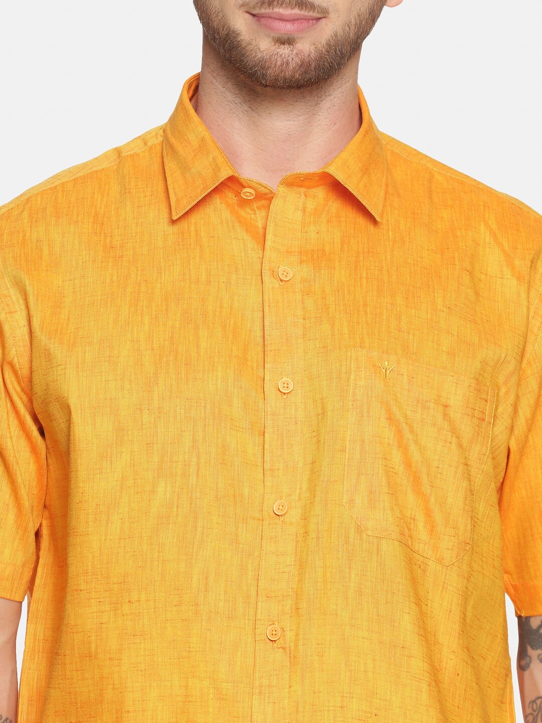 RAMRAJ COTTON Men Yellow White Solid Shirt with Dhoti