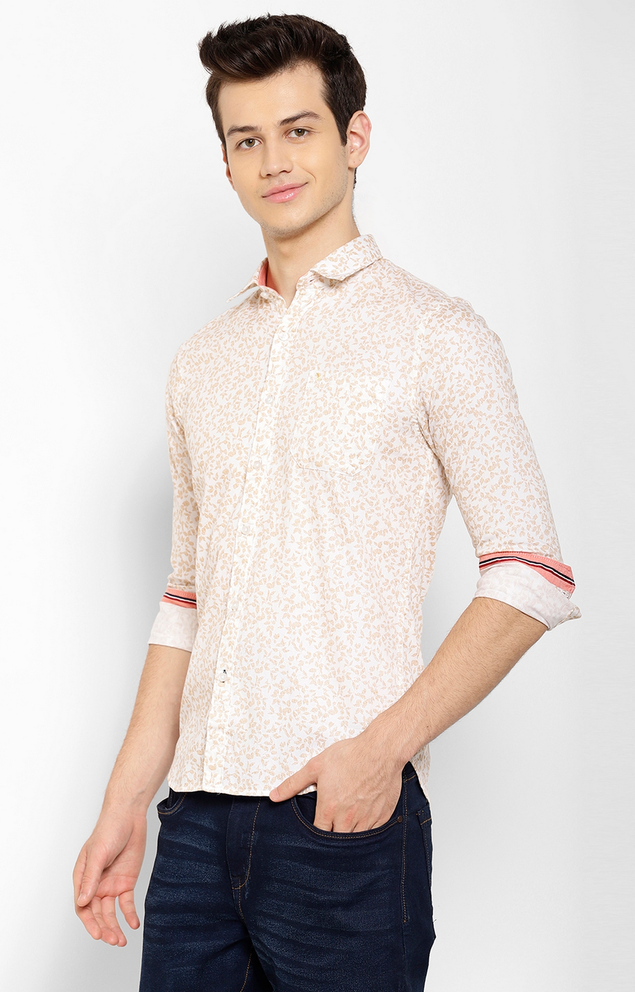 Cape Canary | Cape Canary Men's Cotton Beige Floral Spread Collar Shirt 3