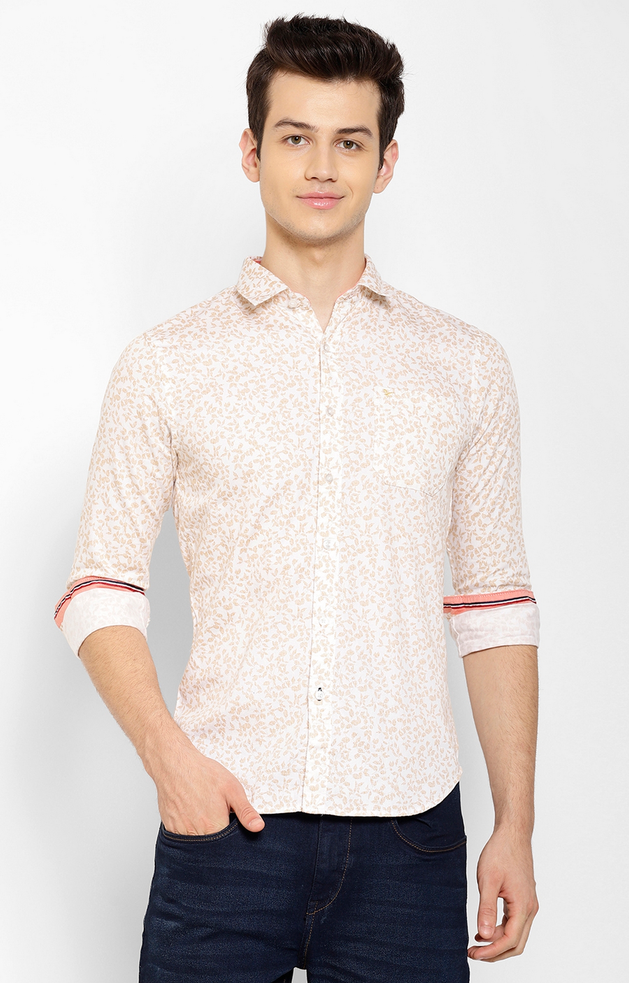 Cape Canary | Cape Canary Men's Cotton Beige Floral Spread Collar Shirt 0