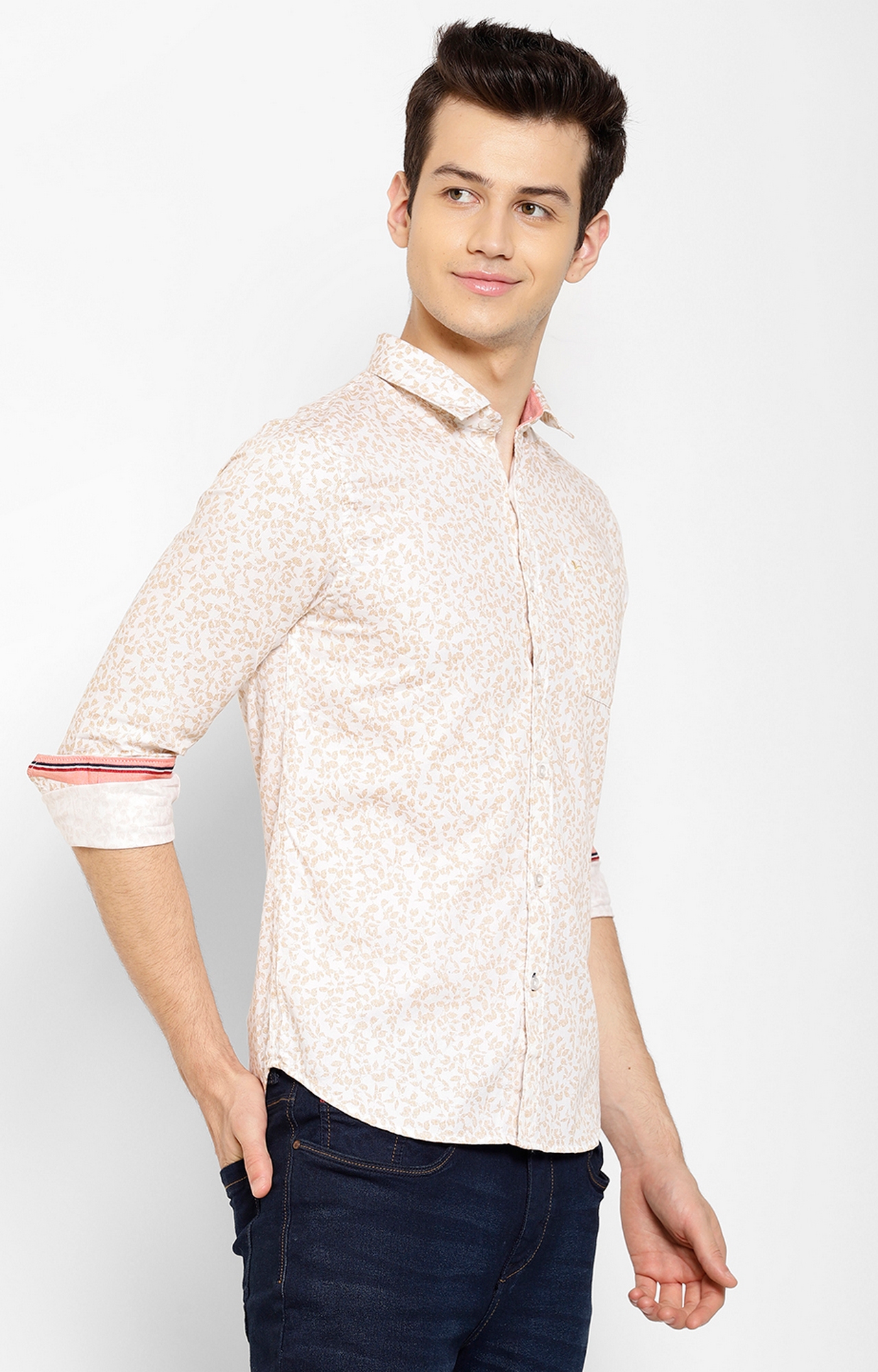 Cape Canary | Cape Canary Men's Cotton Beige Floral Spread Collar Shirt 2
