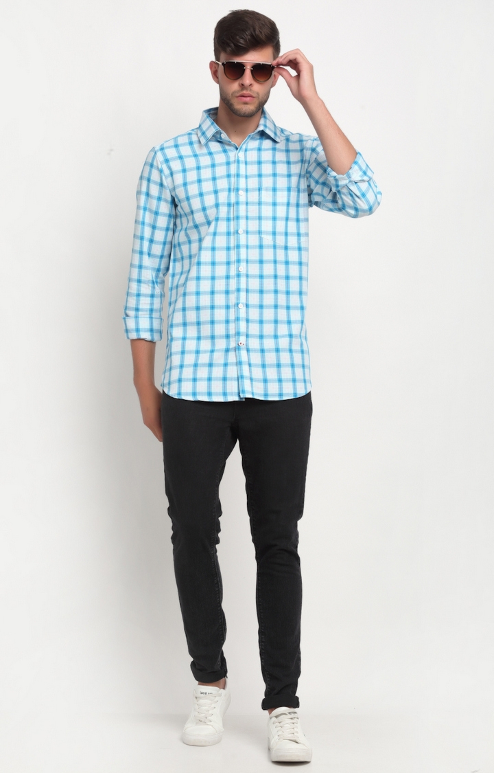 Cross Court | Sky Blue Checked Casual Shirts 1