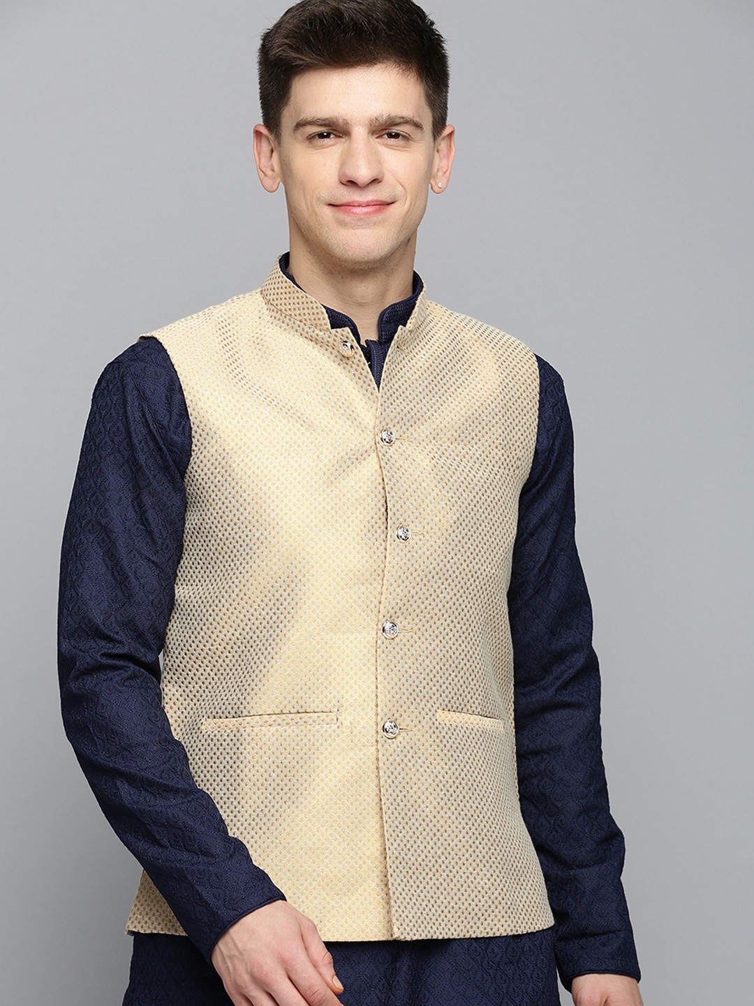 SHOWOFF Men's Woven Design Gold Nehru Jacket