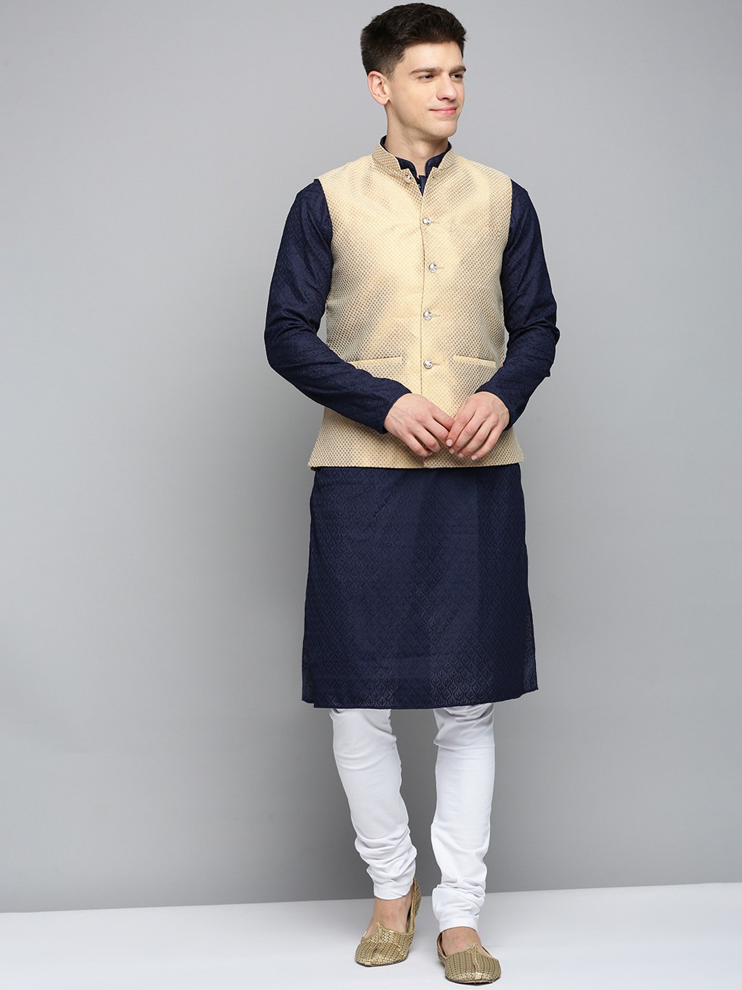 SHOWOFF Men's Woven Design Gold Nehru Jacket