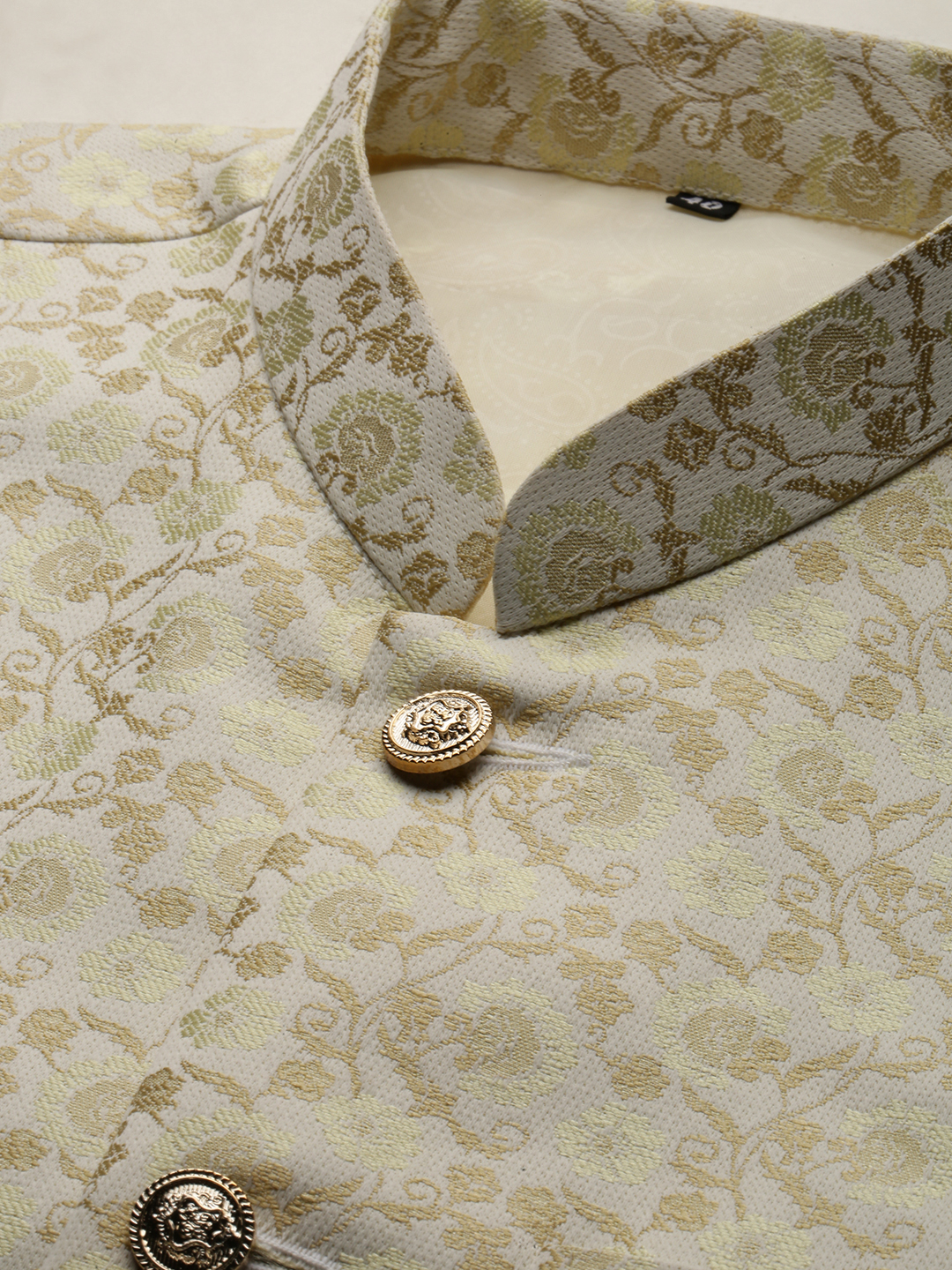 SHOWOFF Men's Woven Design Mandarin Collar Cream Nehru Jacket