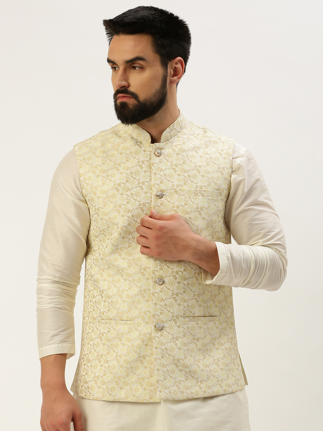 SHOWOFF Men's Woven Design Mandarin Collar Cream Nehru Jacket