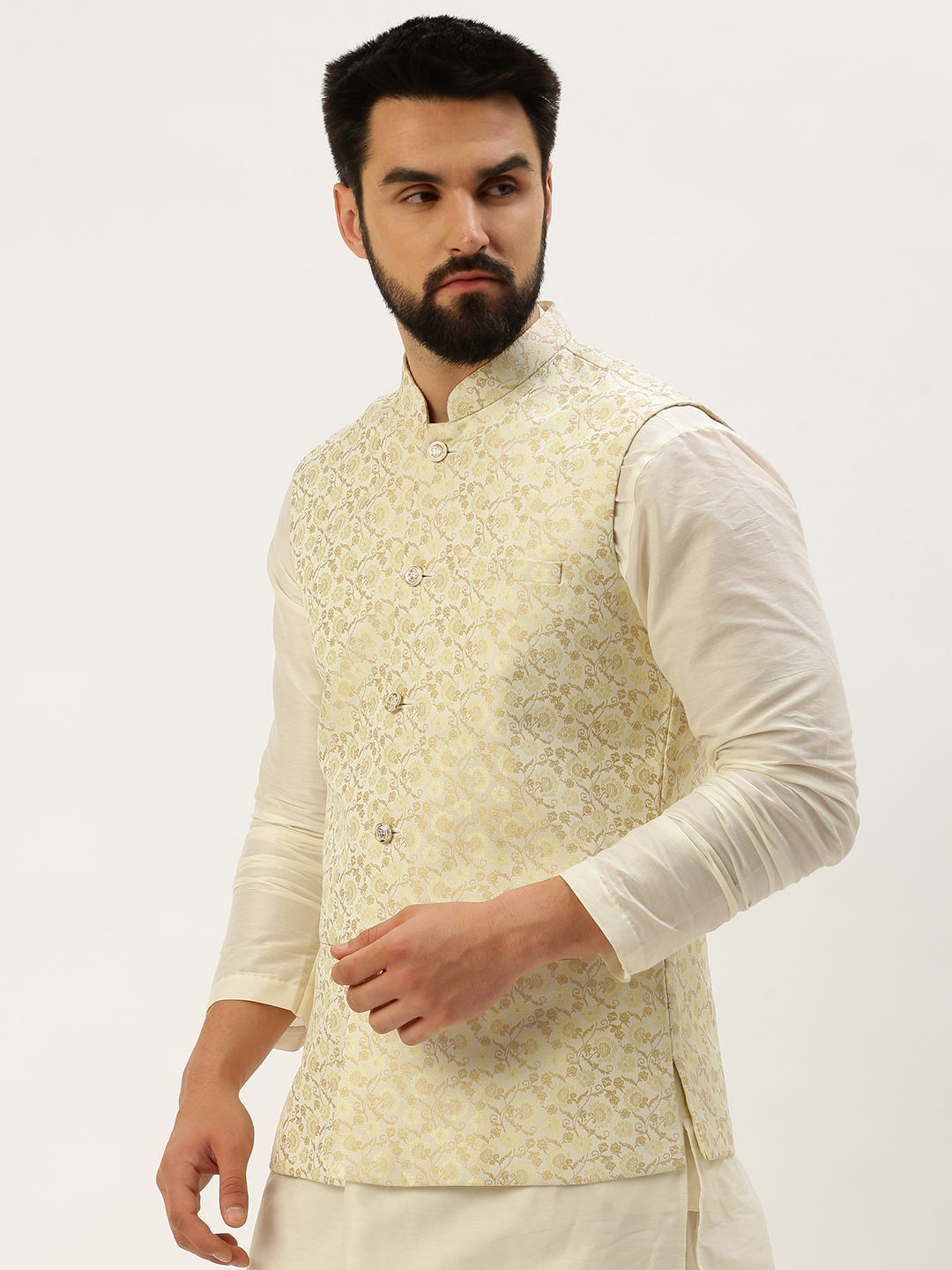SHOWOFF Men's Woven Design Mandarin Collar Cream Nehru Jacket