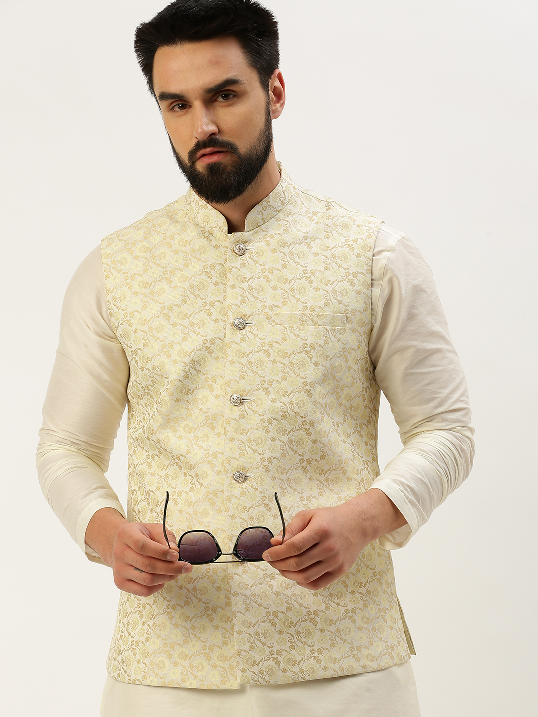 SHOWOFF Men's Woven Design Mandarin Collar Cream Nehru Jacket