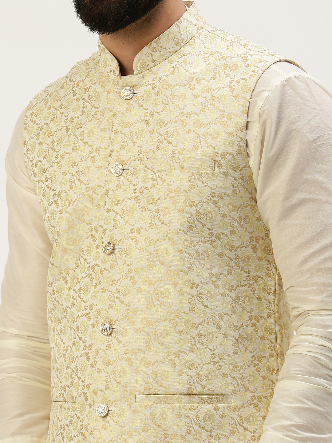 SHOWOFF Men's Woven Design Mandarin Collar Cream Nehru Jacket