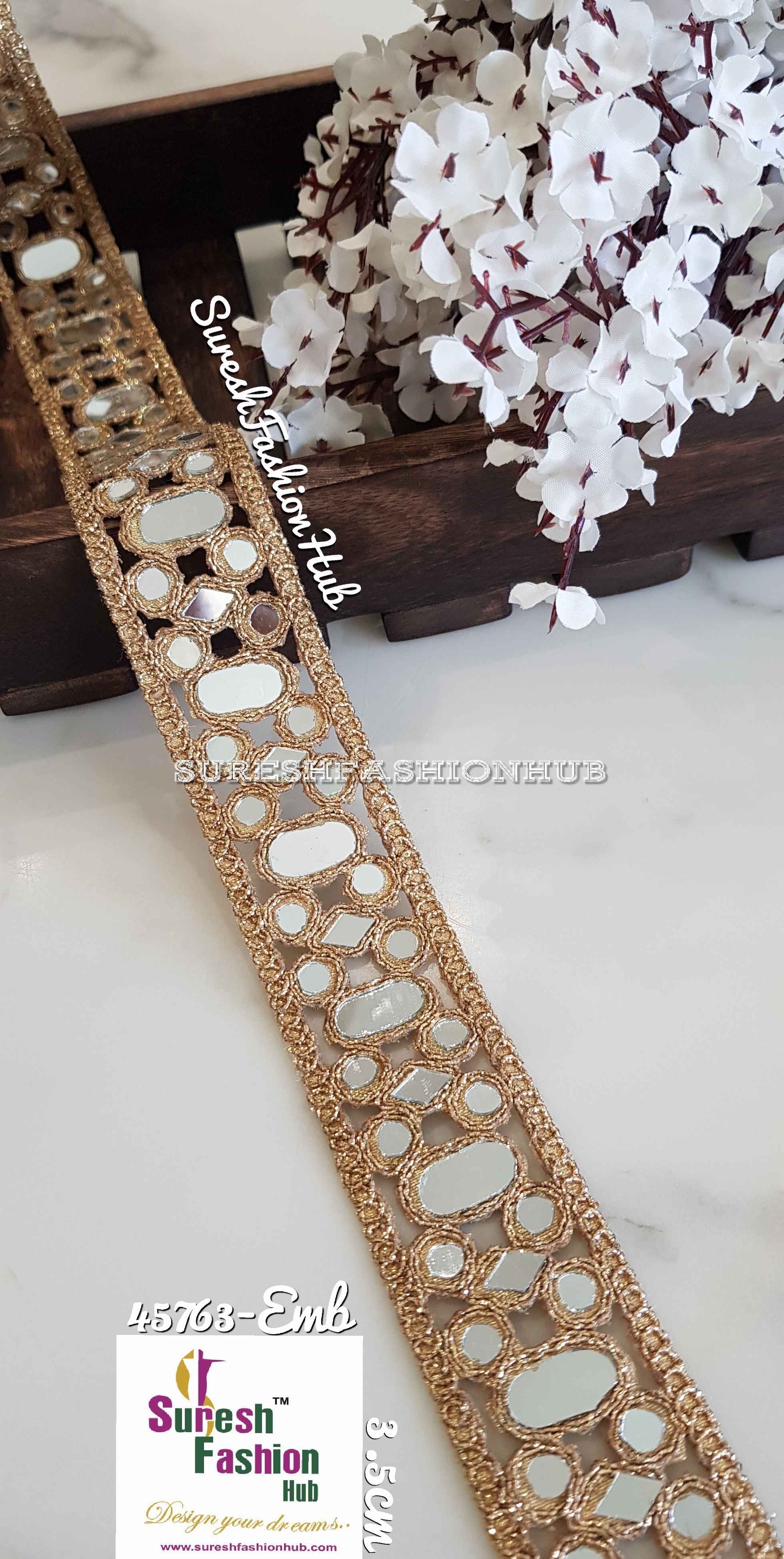 Handwork Real Mirrors Studded Golden Trim, Suresh Fashion Hub India