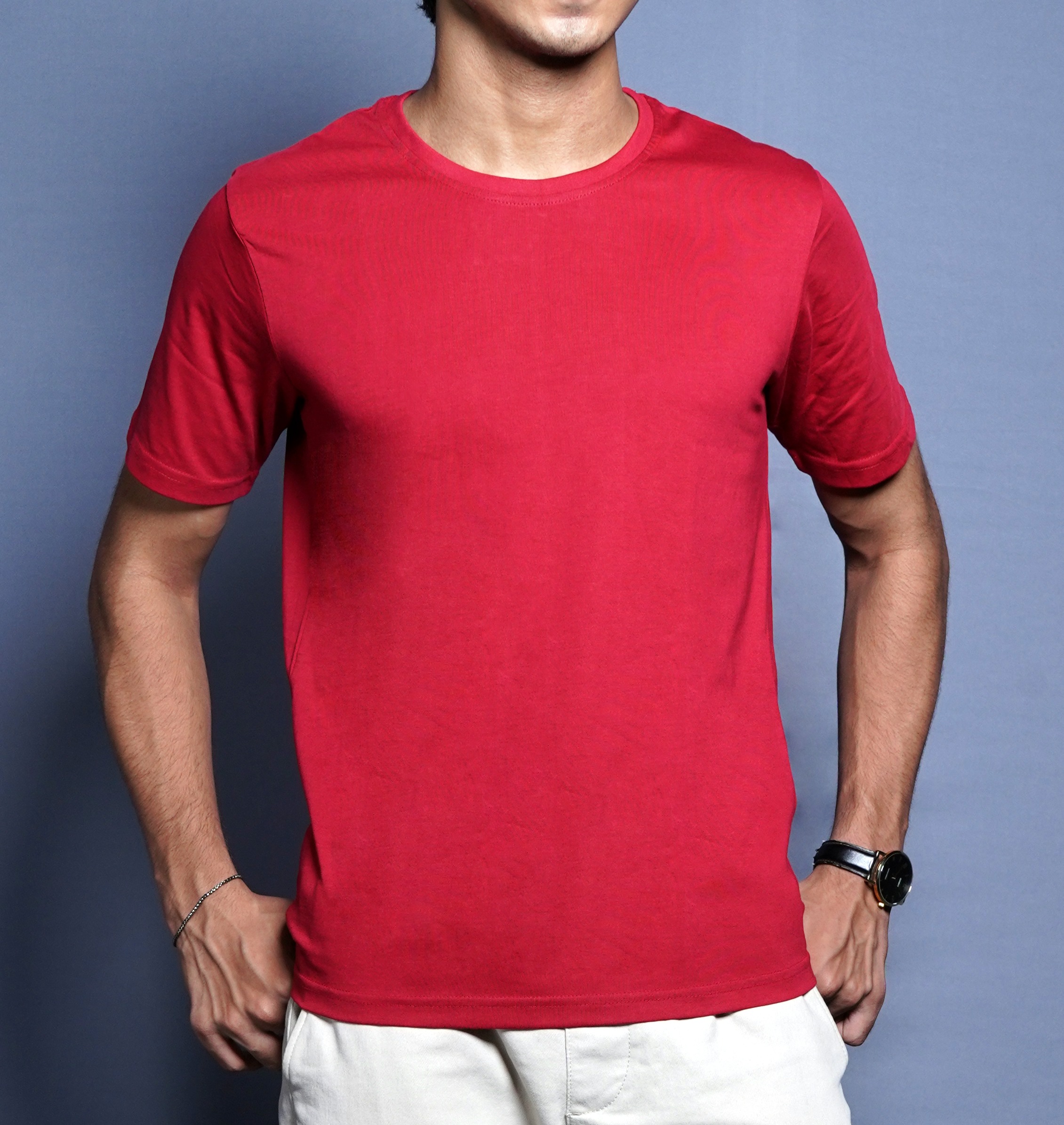 One Denim Classic Red Round Neck Cotton T-Shirt