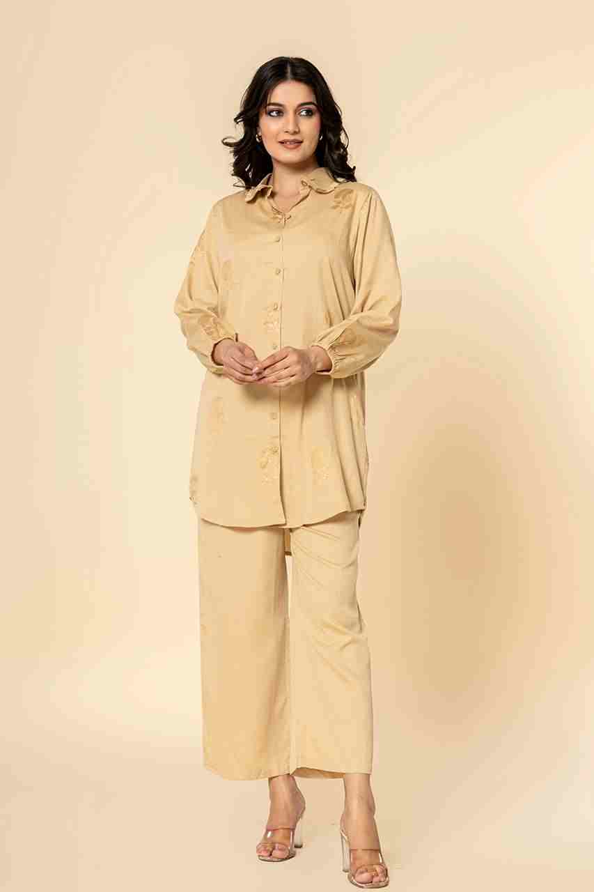 Naksh Beige Cotton Satin Co-ordinated Set With Gold Print (Set of 2)