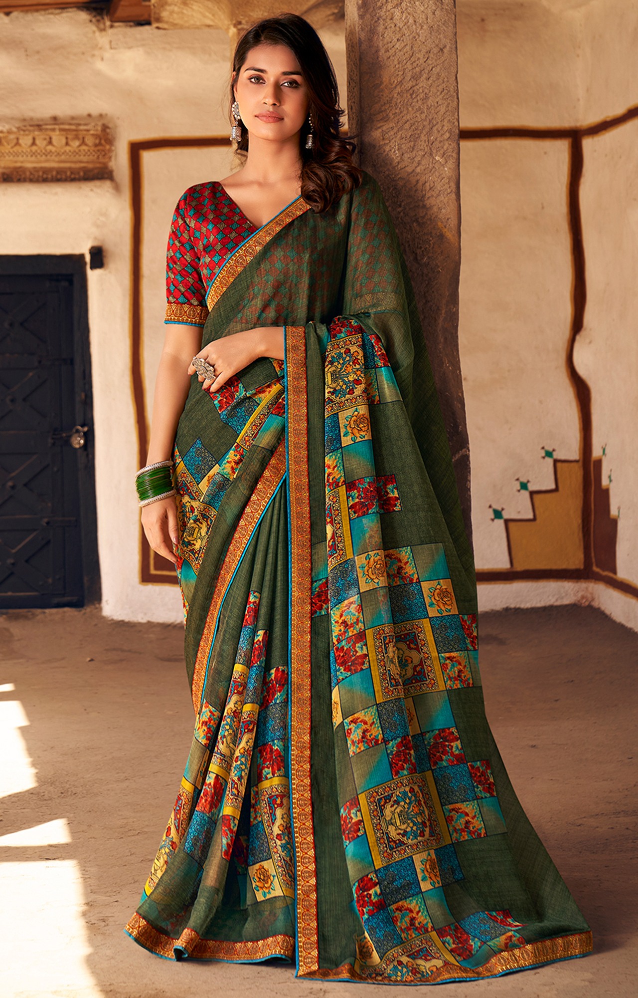 Women Green Chiffon Floral Print Saree-S_L21SHUBHLABH31010SSR01