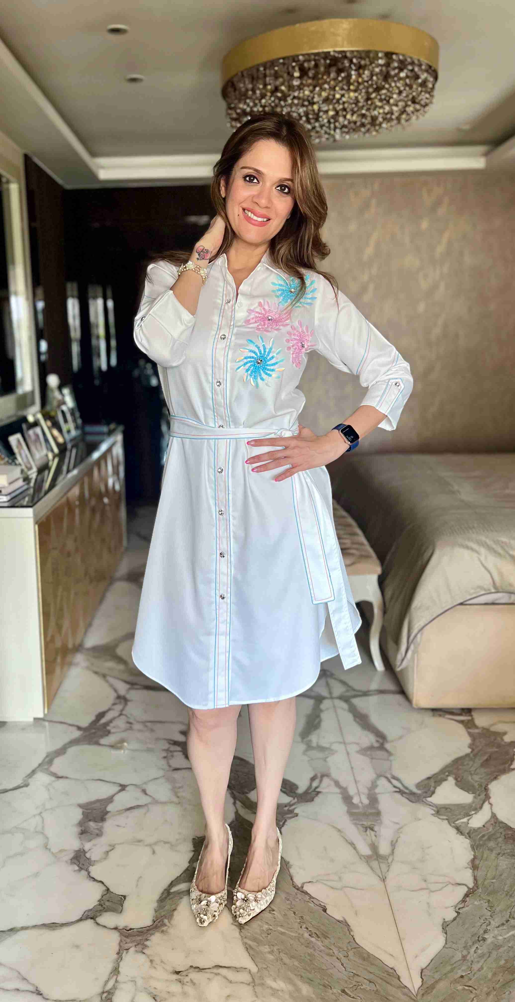 White embroidered anchor shirt dress