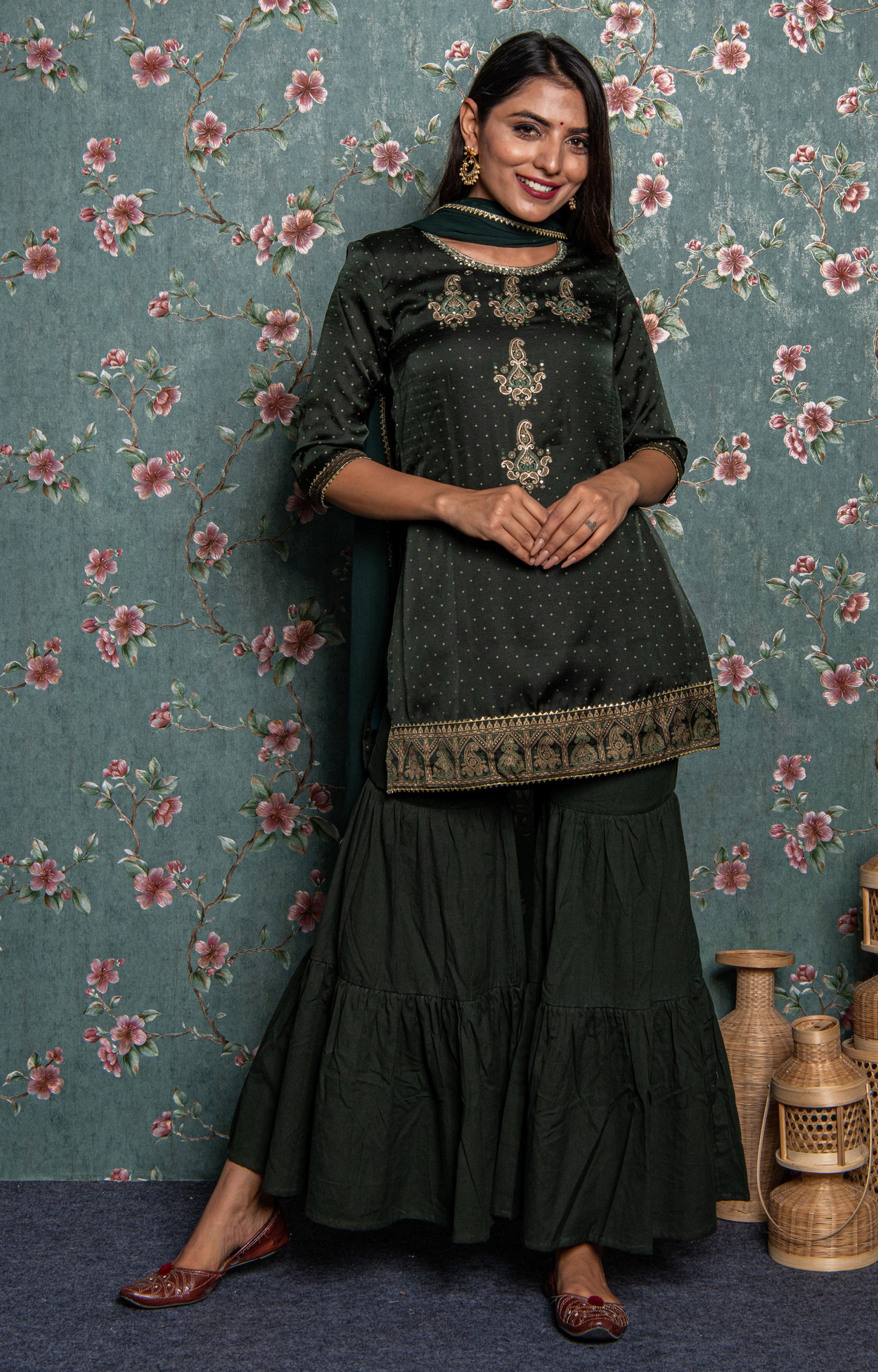 Dark Green Kurta Sharara with Dupatta