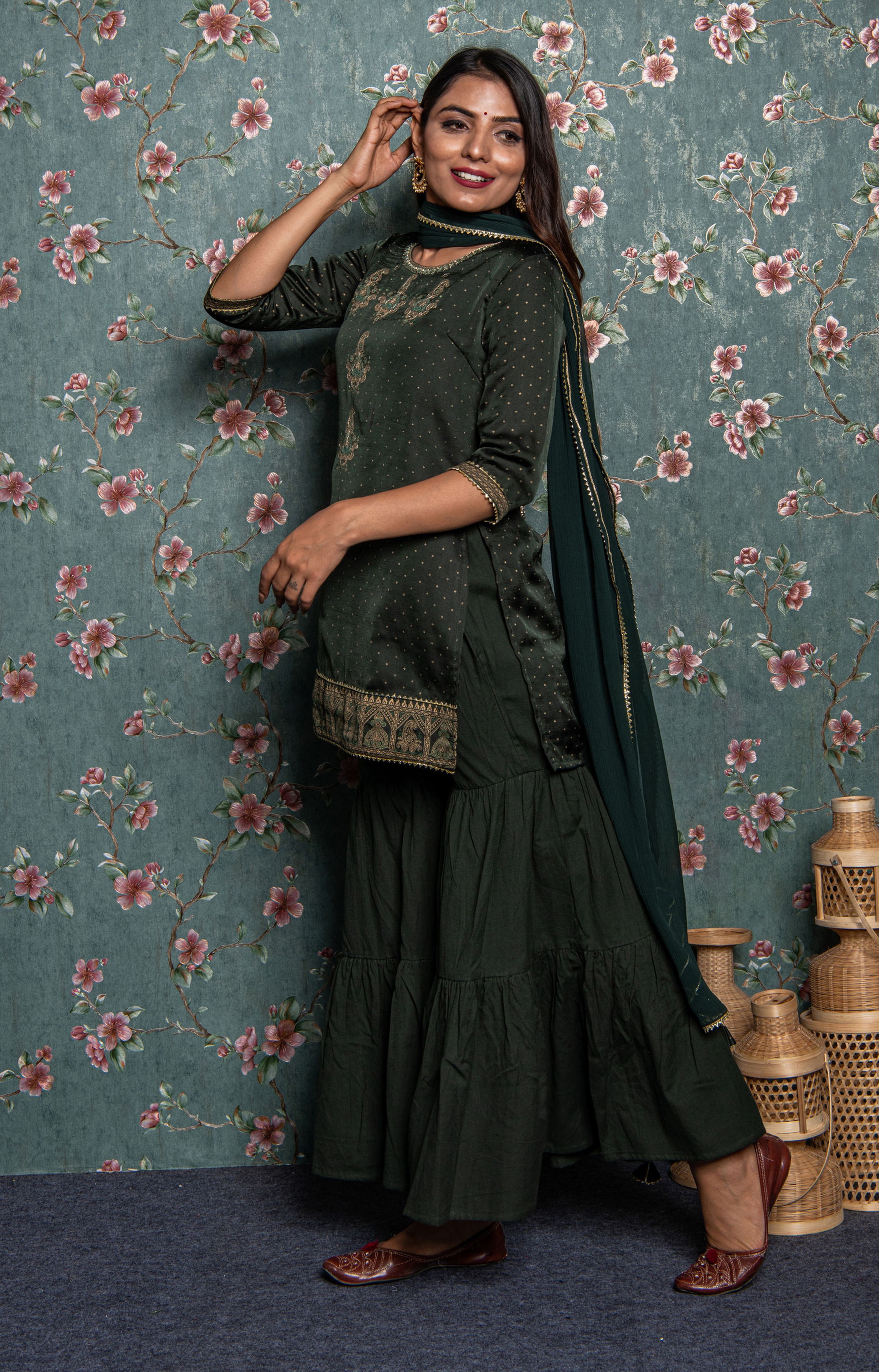 Dark Green Kurta Sharara with Dupatta