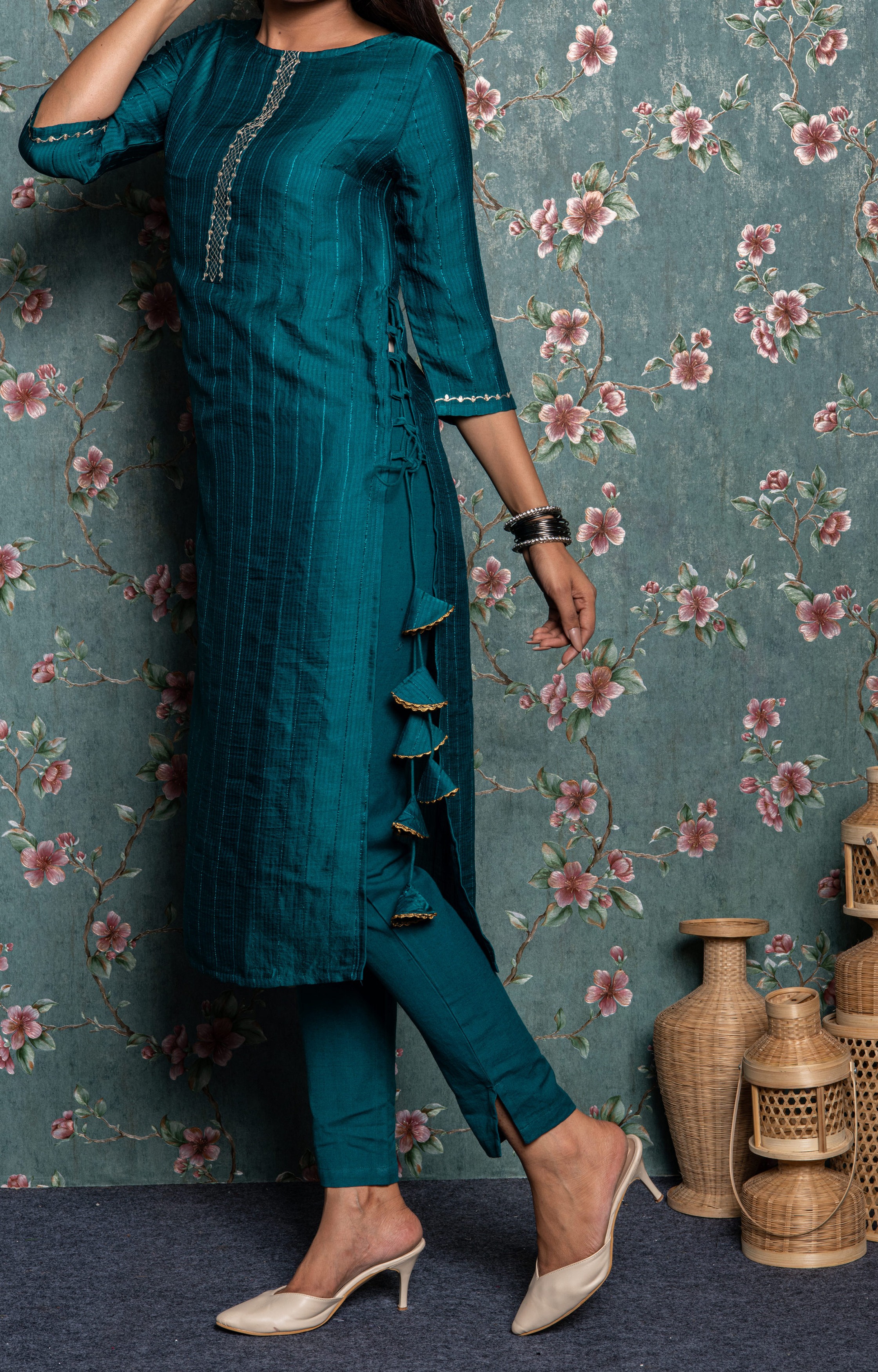 Teal Striped Kurta with Pant