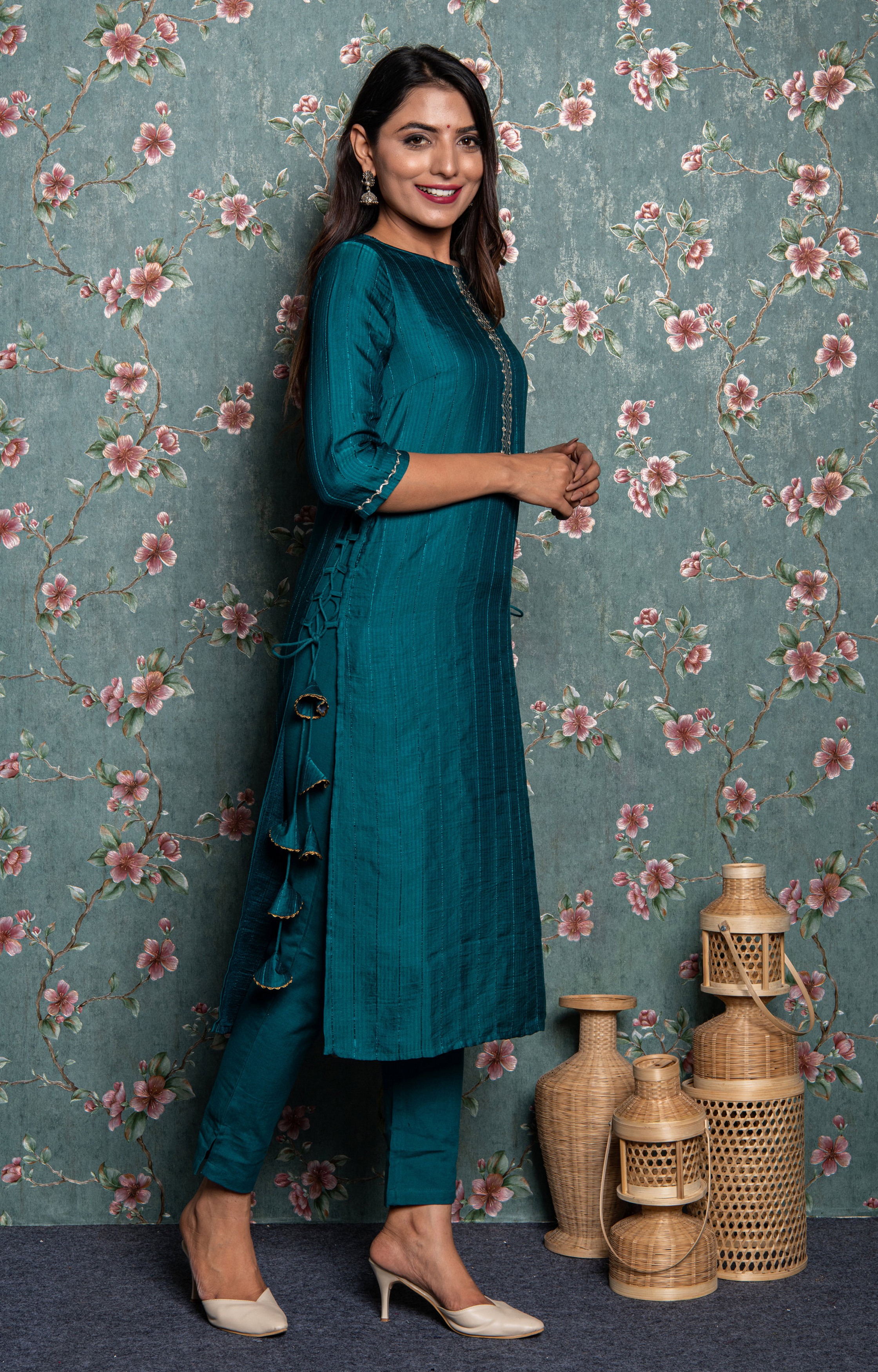 Teal Striped Kurta with Pant