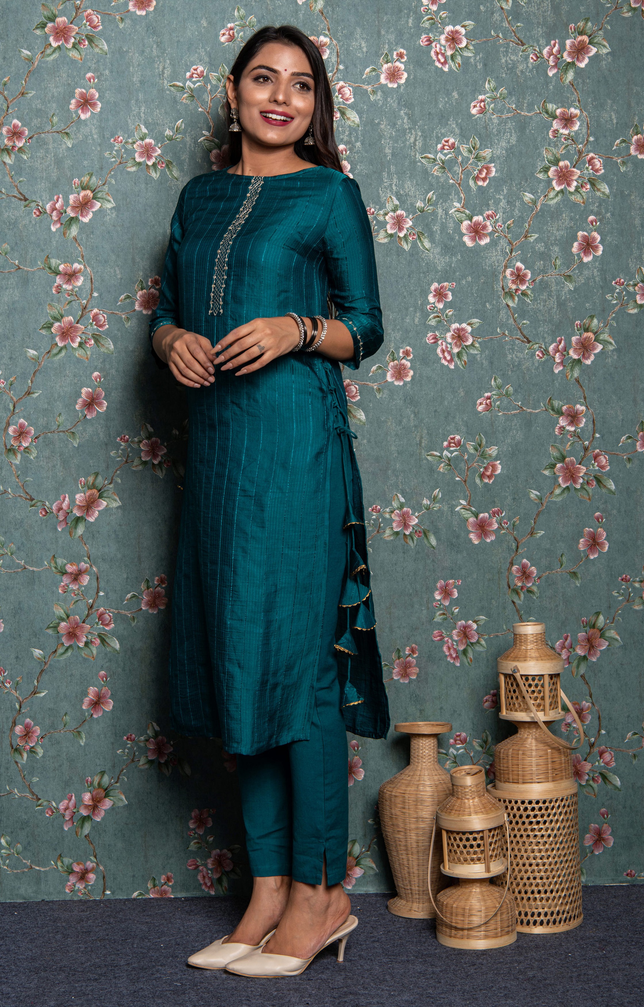Teal Striped Kurta with Pant