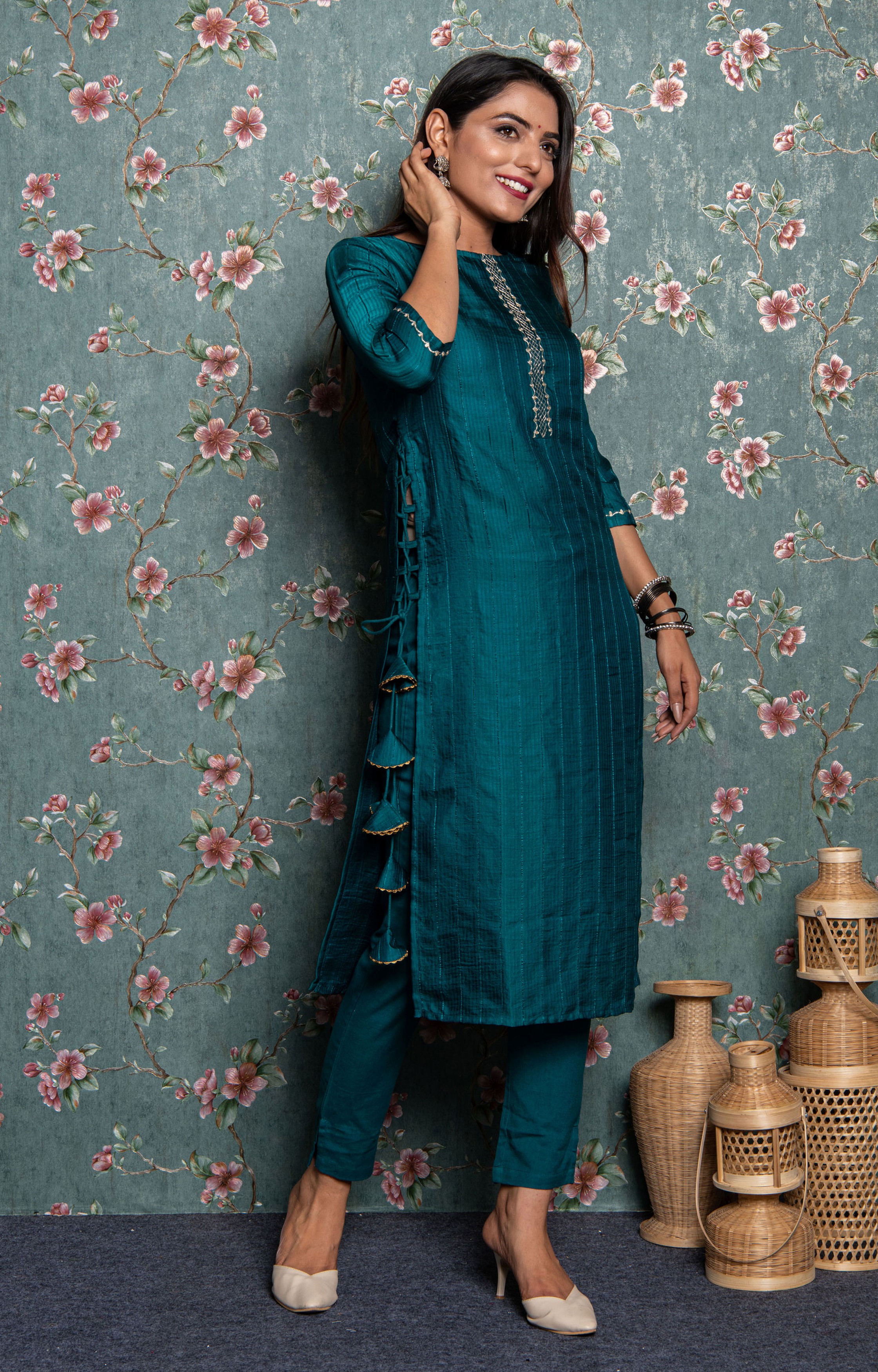 Teal Striped Kurta with Pant