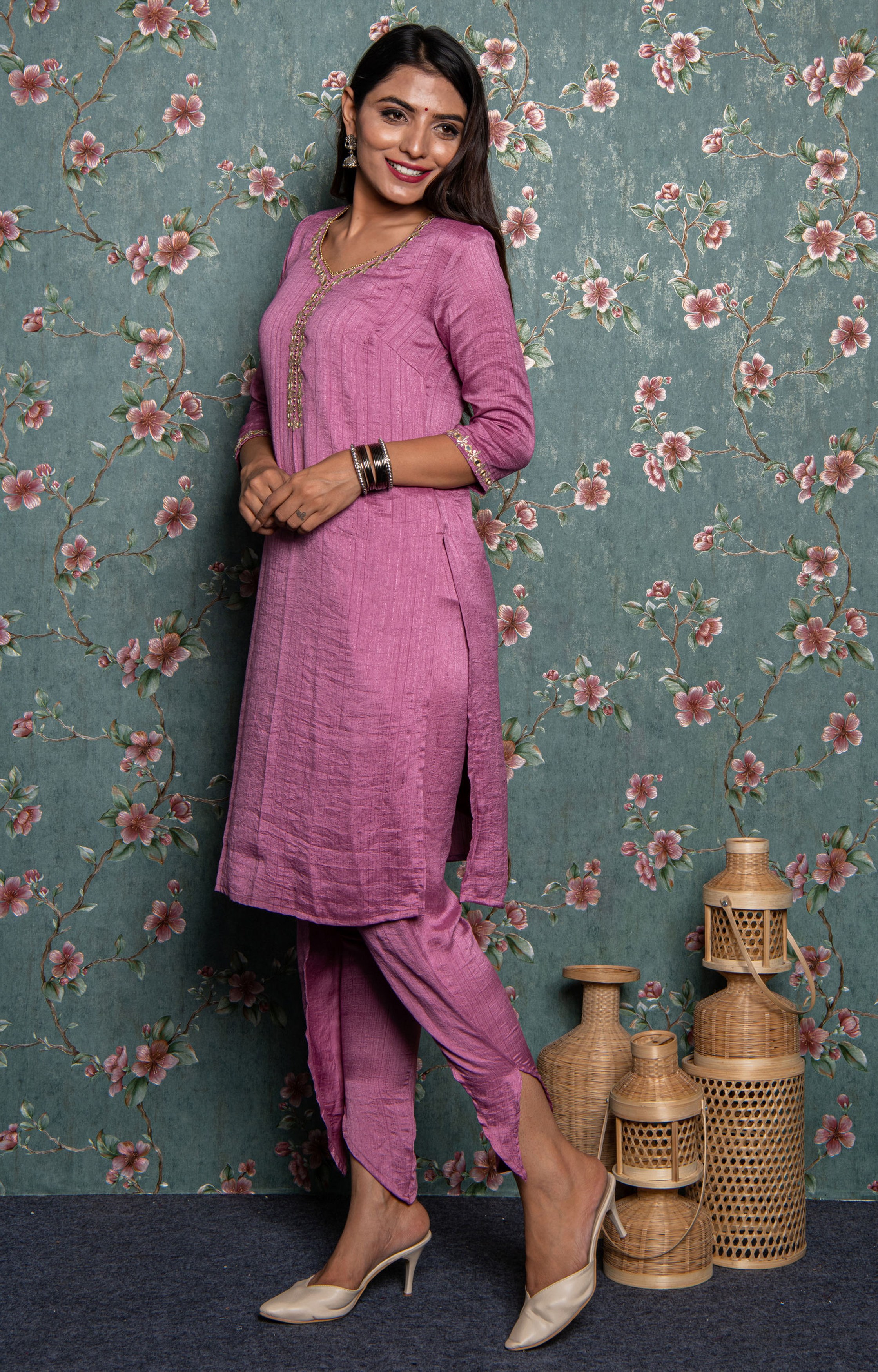 Pink Embellished Kurta with Dhoti Salwar