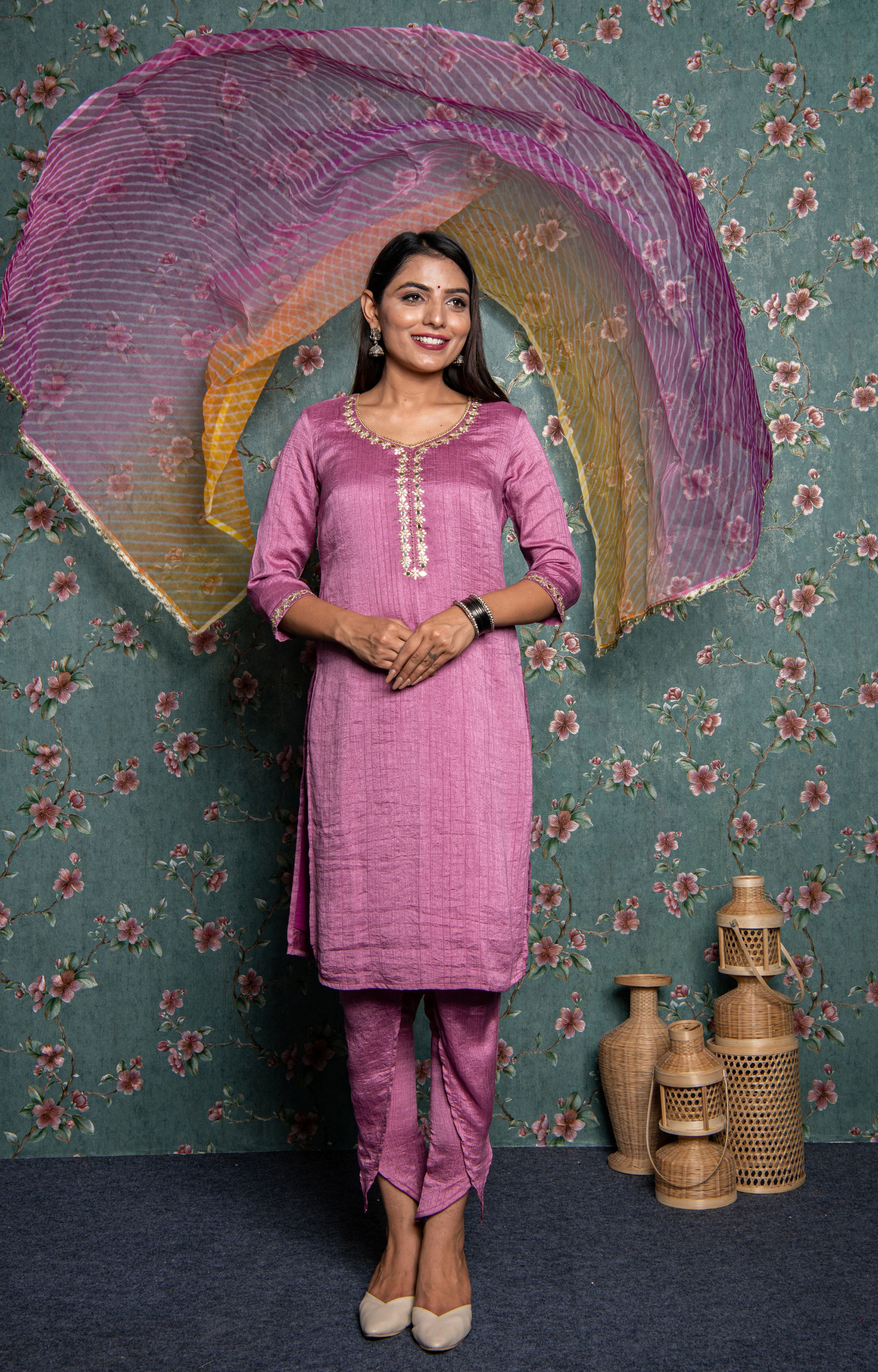 Pink Embellished Kurta with Dhoti Salwar