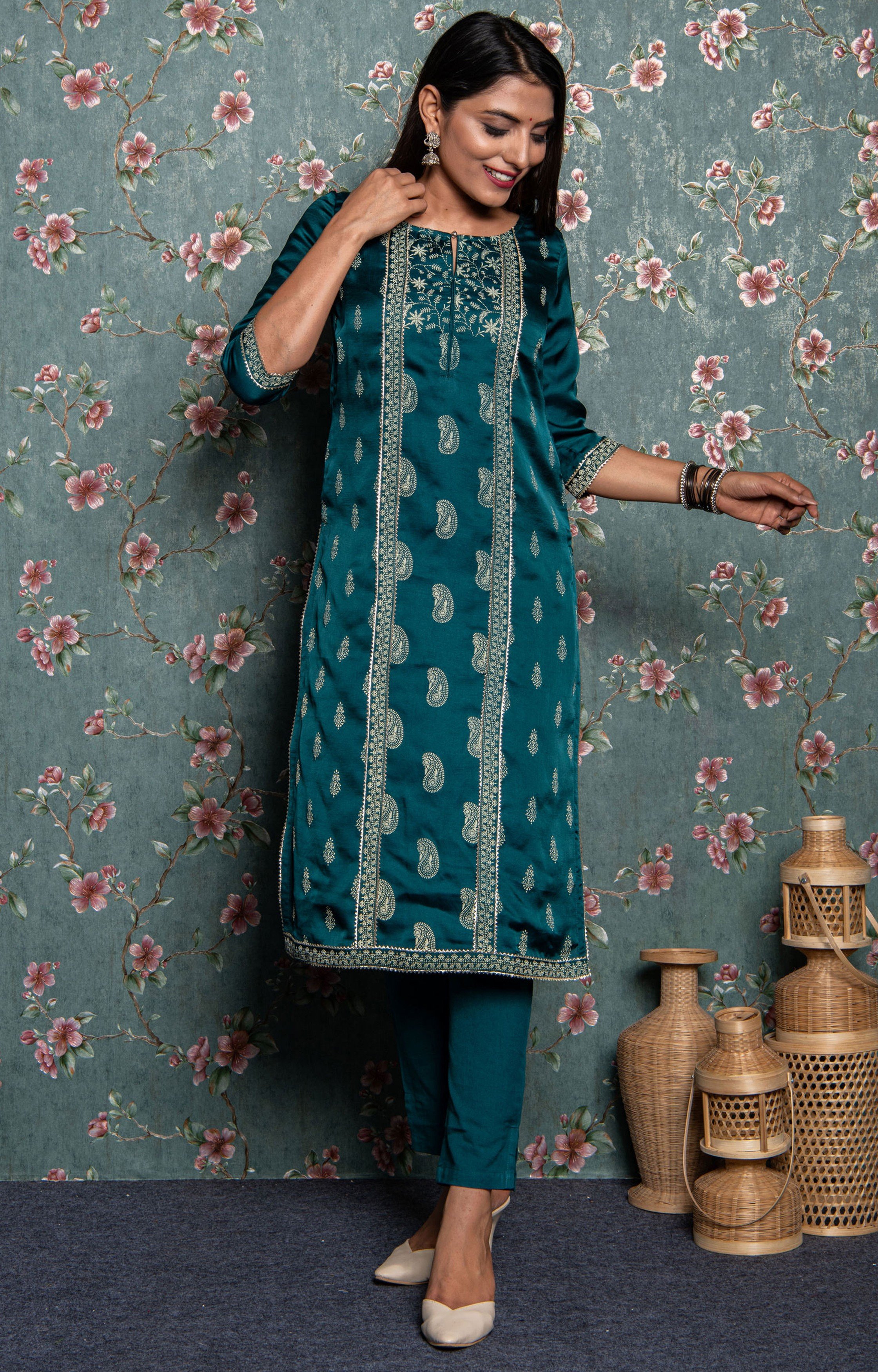 Teal Embellished Kurta with Pant