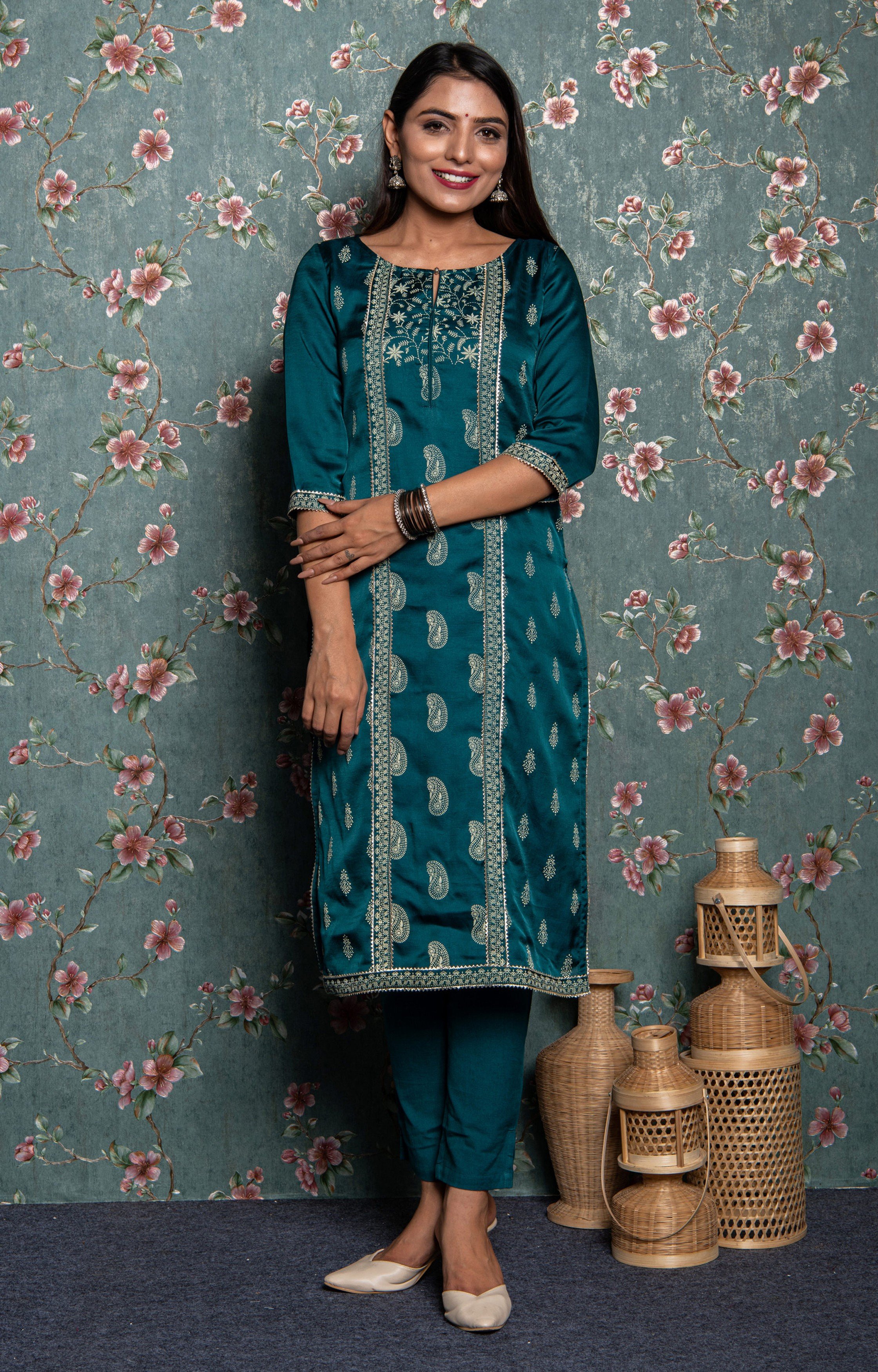 Teal Embellished Kurta with Pant