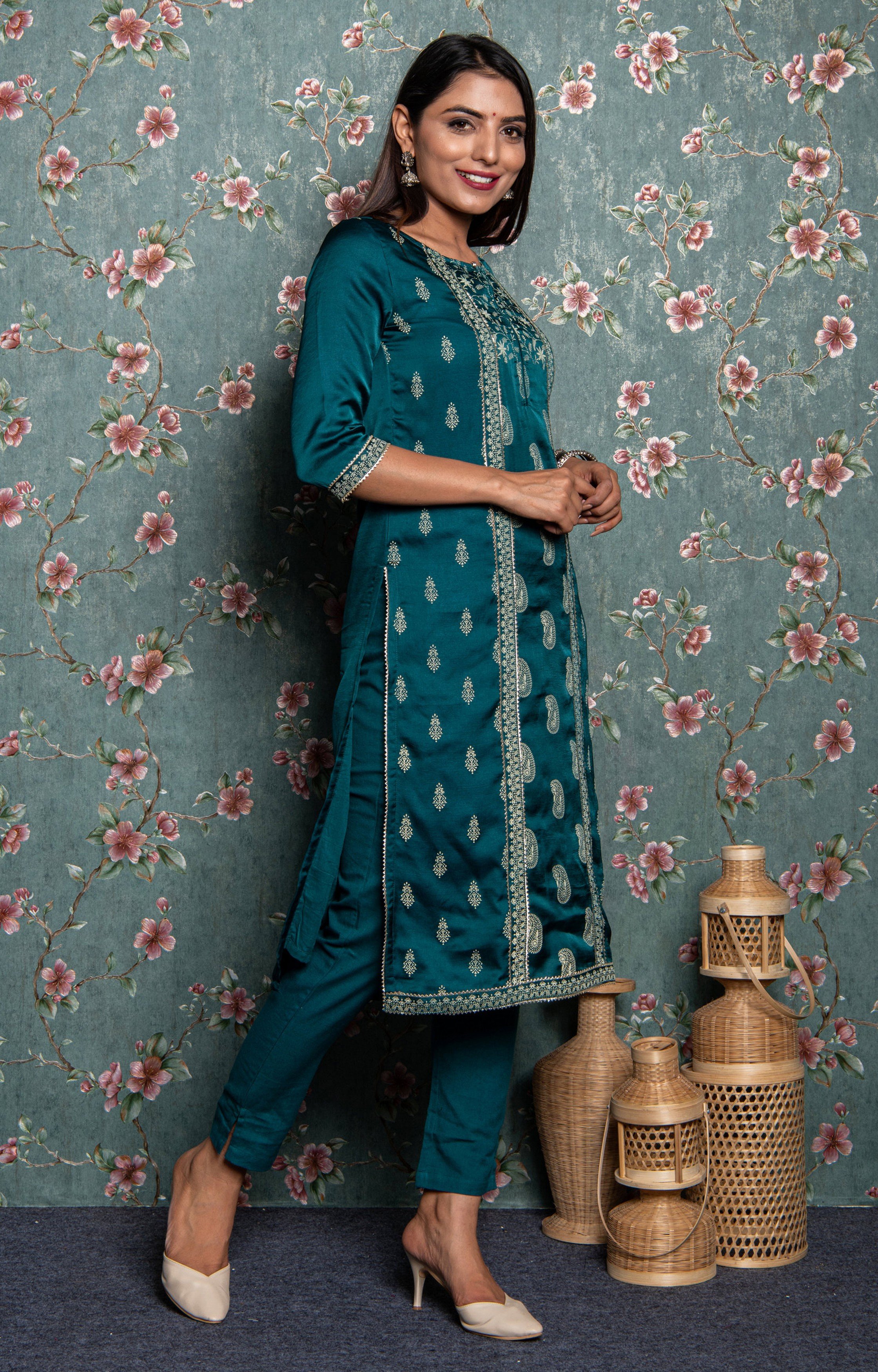 Teal Embellished Kurta with Pant