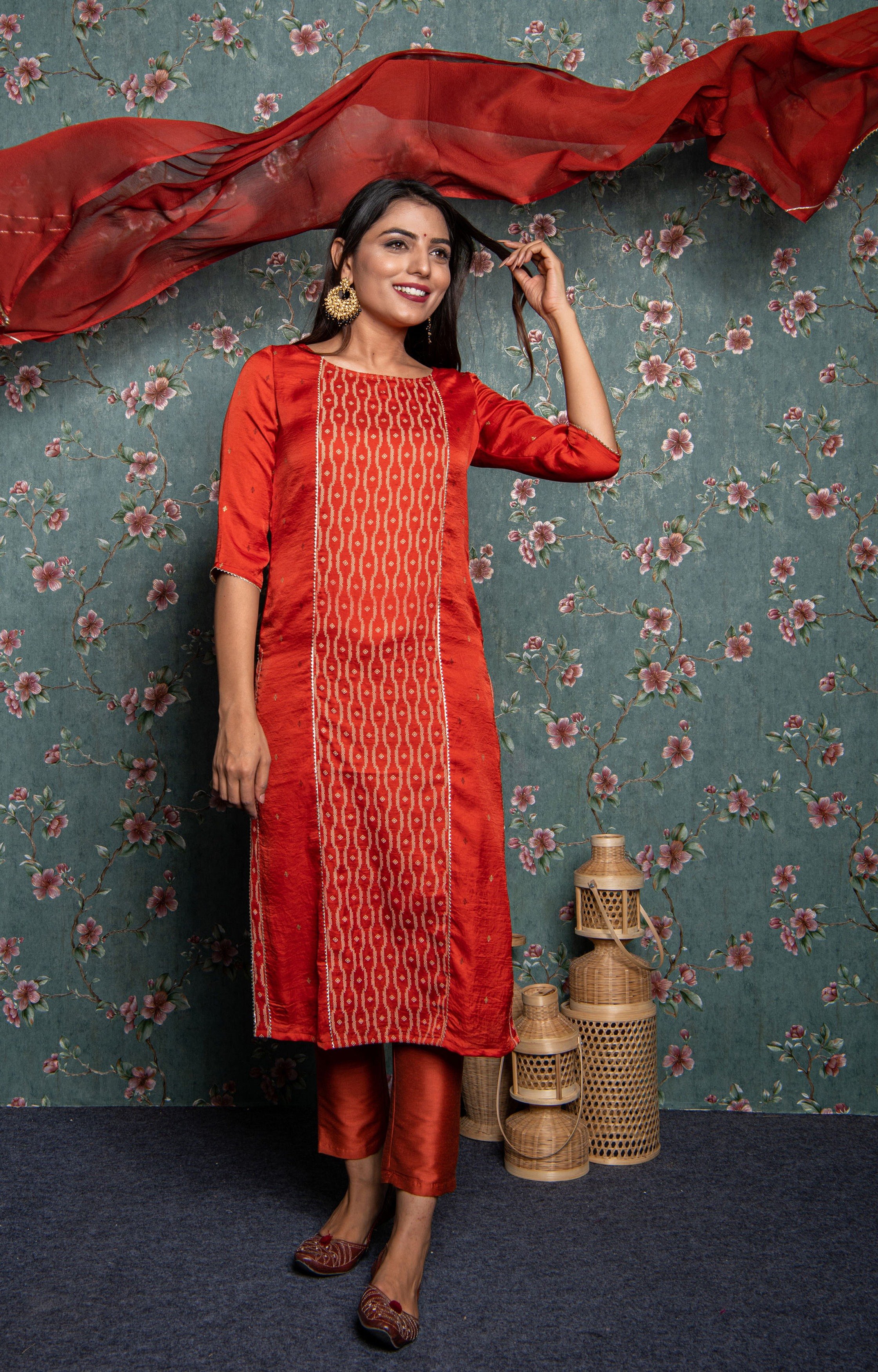 Orange Embroidered Kurta Set with Dupatta