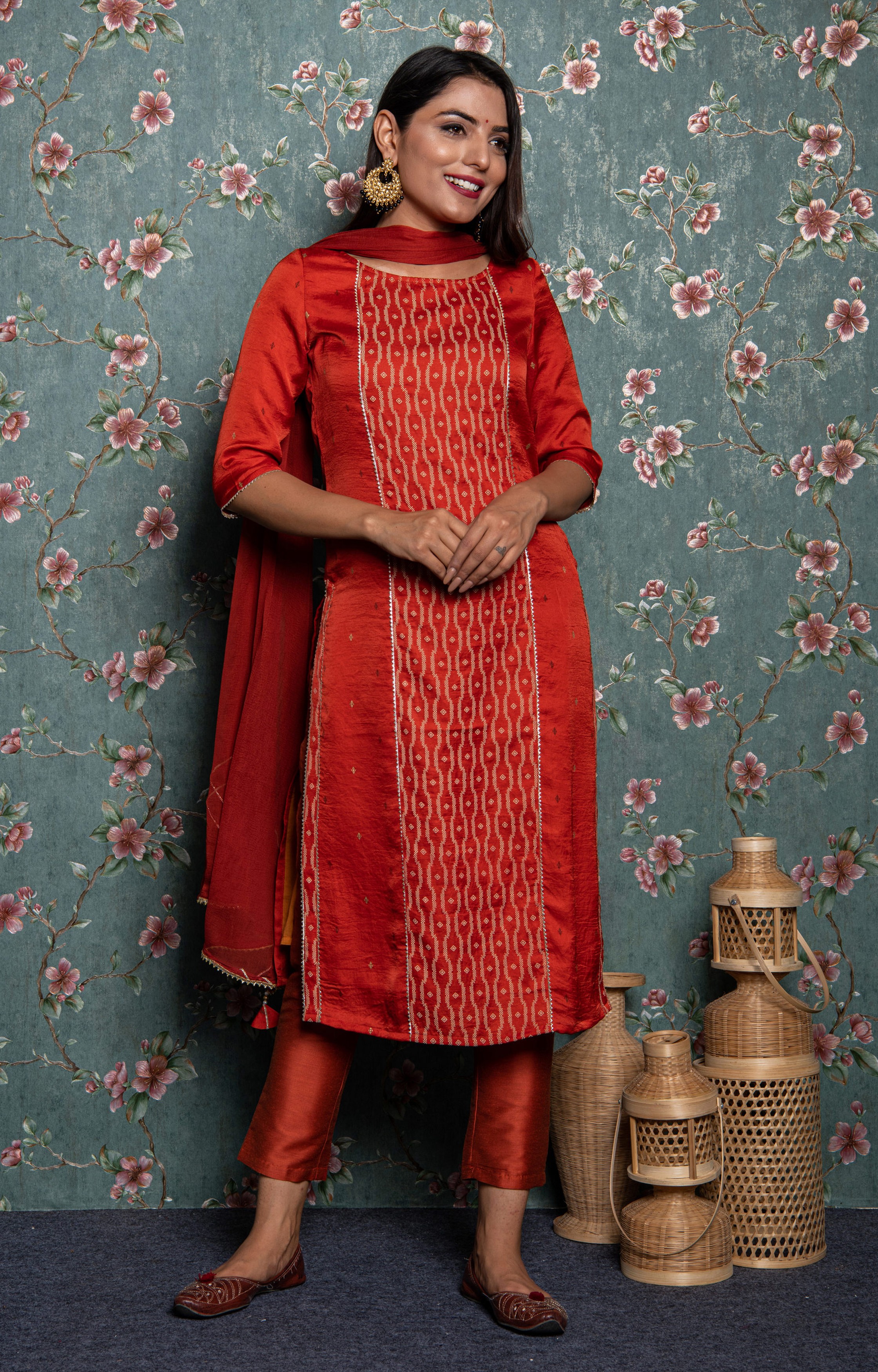 Orange Embroidered Kurta Set with Dupatta
