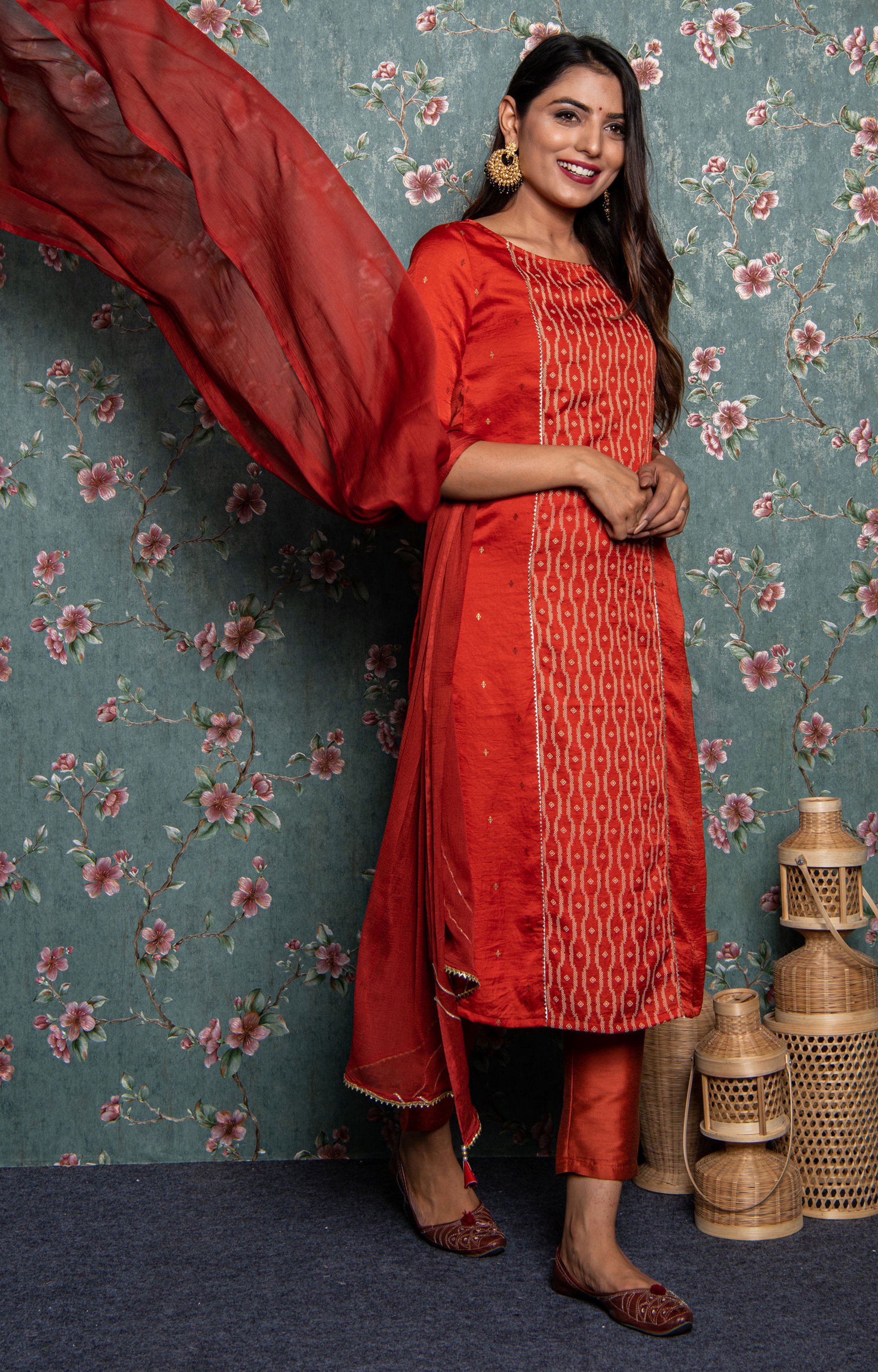 Orange Embroidered Kurta Set with Dupatta