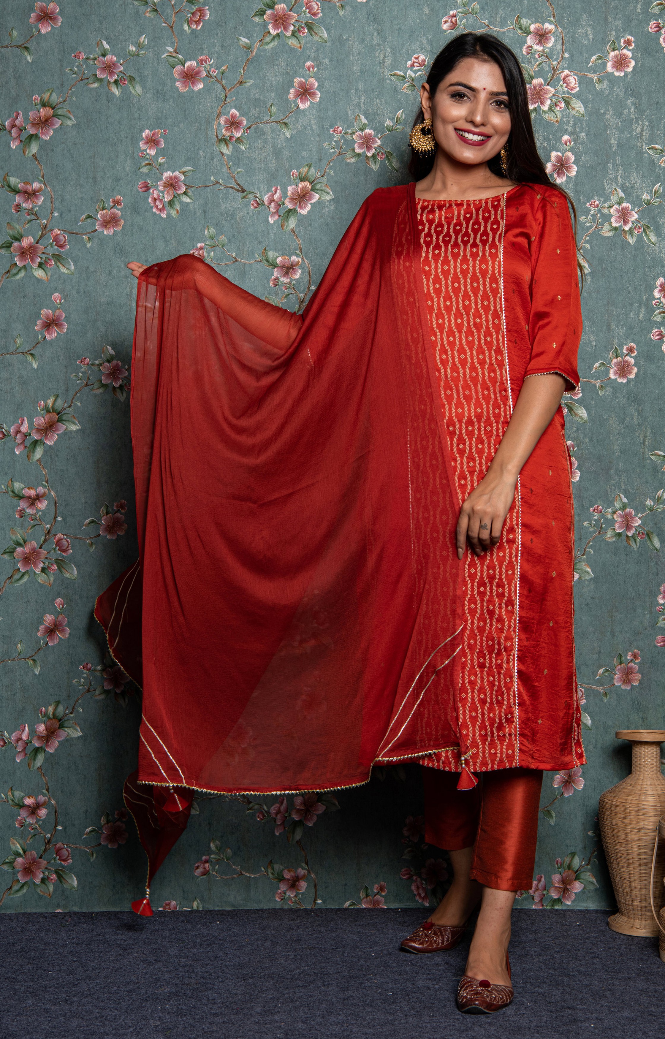 Orange Embroidered Kurta Set with Dupatta