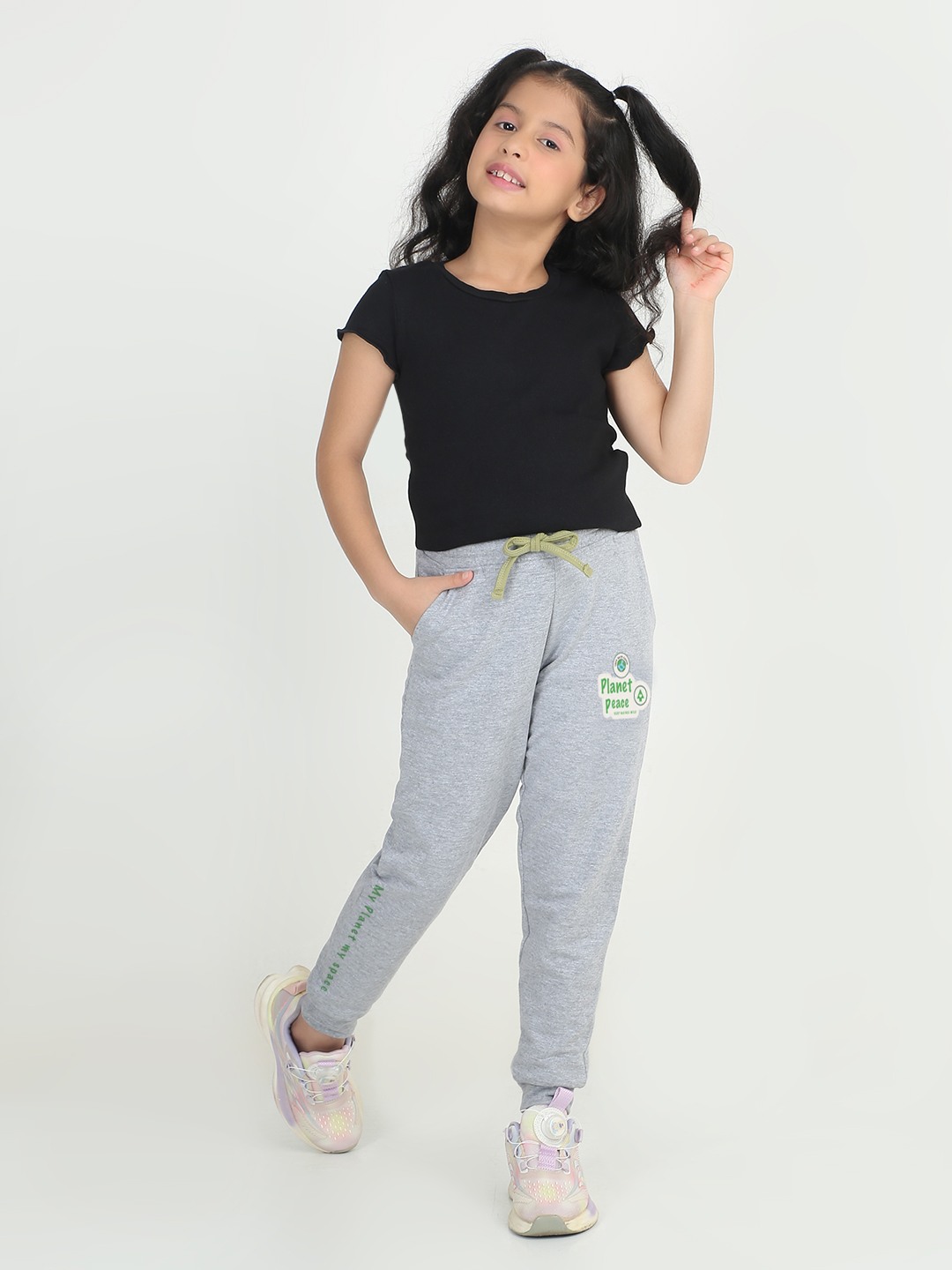 Girls 1 piece printed jogger - Light Grey Melange