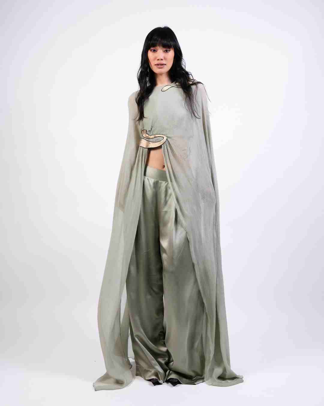 AKOK Green Silk Dupatta Cape with Trouser Co-ords