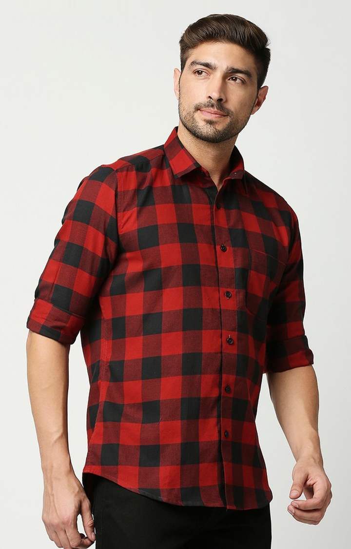 EVOQ | EVOQ's Red and Black Block Checks Full Sleeves Cotton Casual Shirt for Men 2
