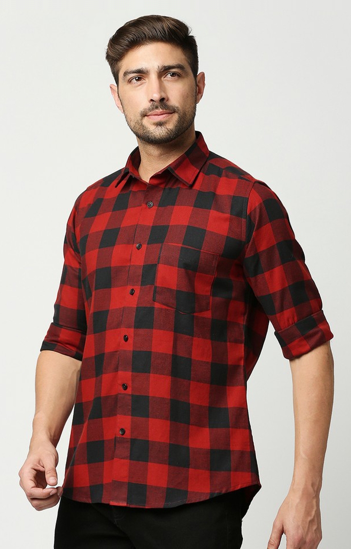EVOQ | EVOQ's Red and Black Block Checks Full Sleeves Cotton Casual Shirt for Men 3