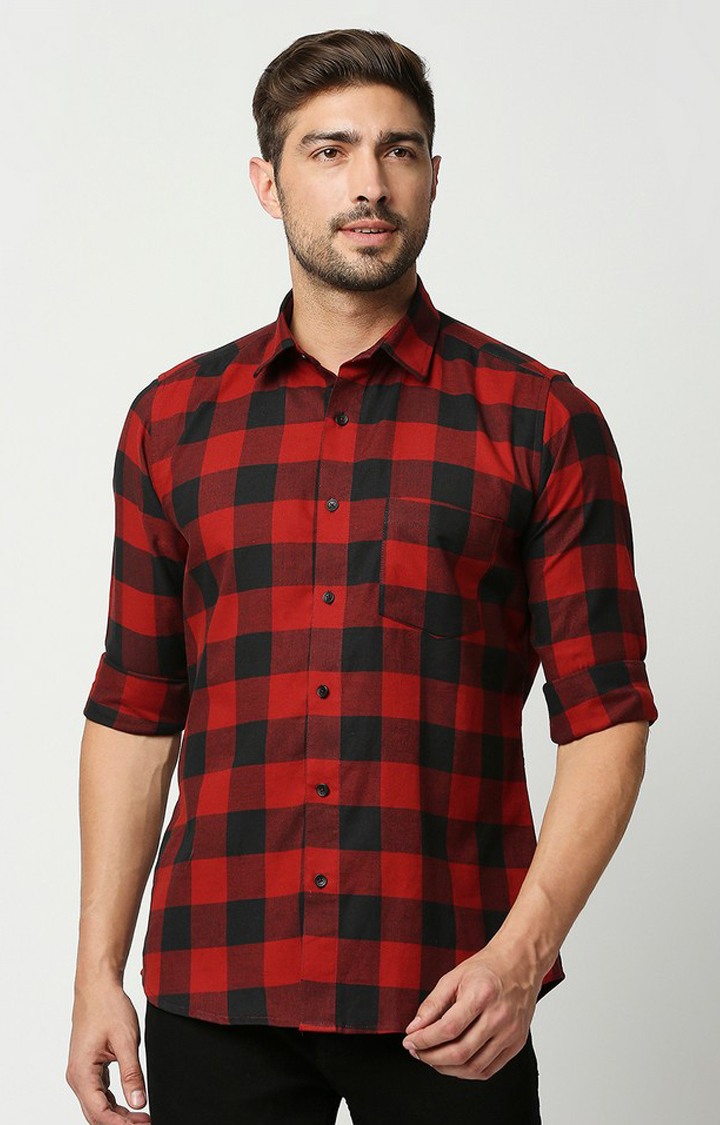 EVOQ | EVOQ's Red and Black Block Checks Full Sleeves Cotton Casual Shirt for Men 0