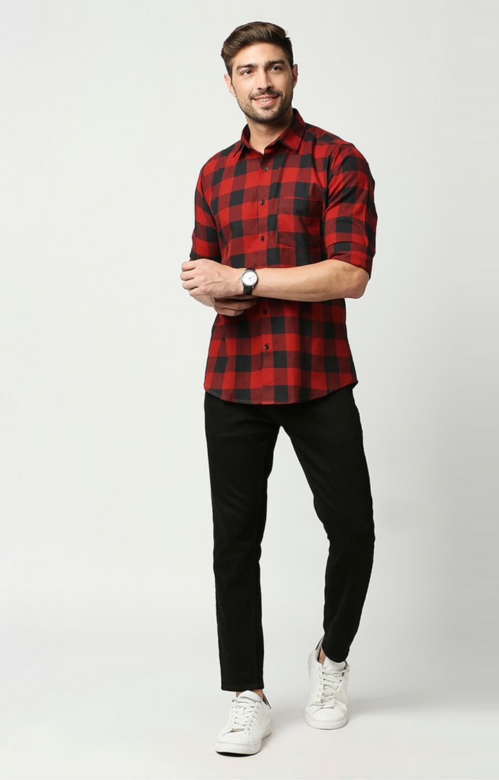 EVOQ | EVOQ's Red and Black Block Checks Full Sleeves Cotton Casual Shirt for Men 1