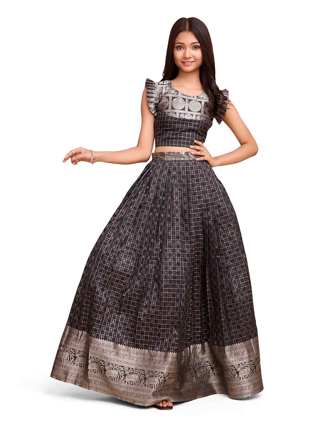Tasarika Kids BLACK color Silk Sleeveless ethnic dress CHECK_BLACK
