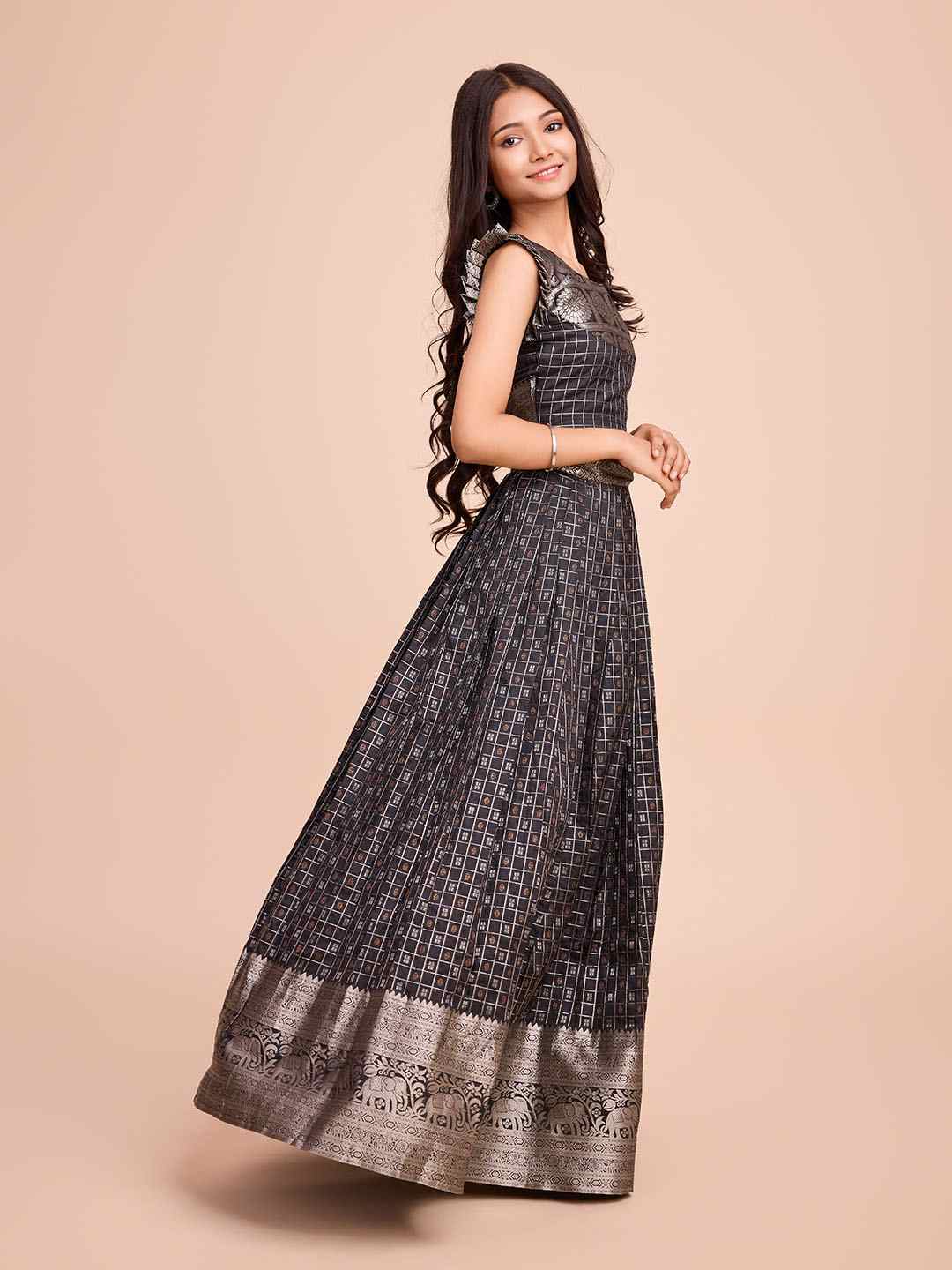 Tasarika Kids BLACK color Silk Sleeveless ethnic dress CHECK_BLACK