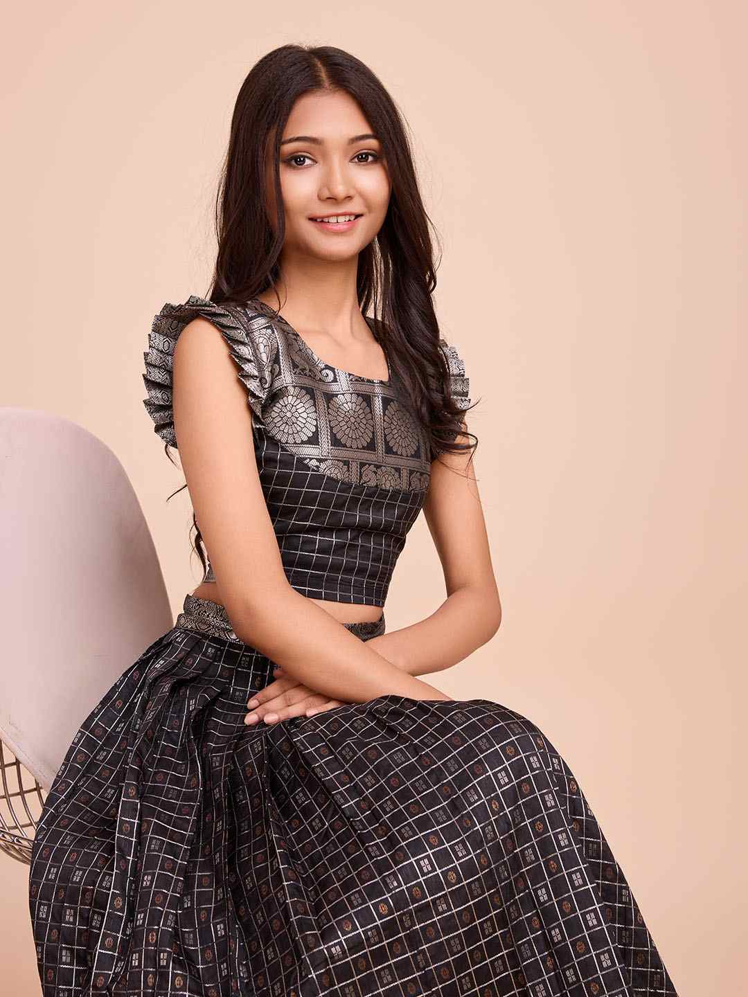 Tasarika Kids BLACK color Silk Sleeveless ethnic dress CHECK_BLACK