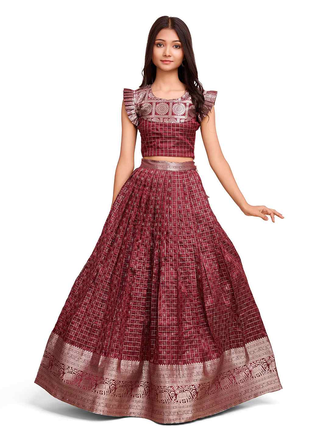 Tasarika Kids BROWN color Silk Sleeveless ethnic dress CHECK_BROWN