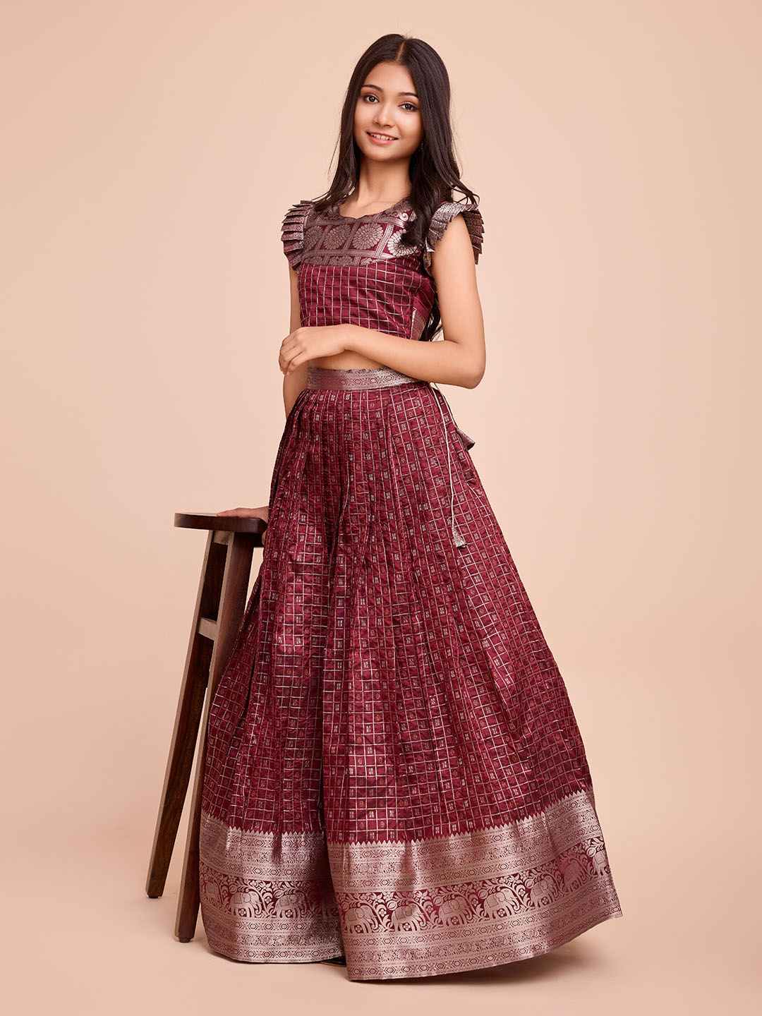 Tasarika Kids BROWN color Silk Sleeveless ethnic dress CHECK_BROWN