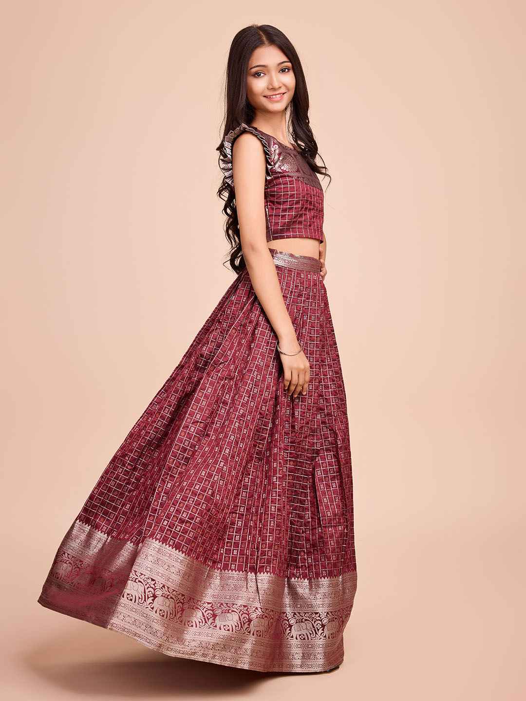Tasarika Kids BROWN color Silk Sleeveless ethnic dress CHECK_BROWN