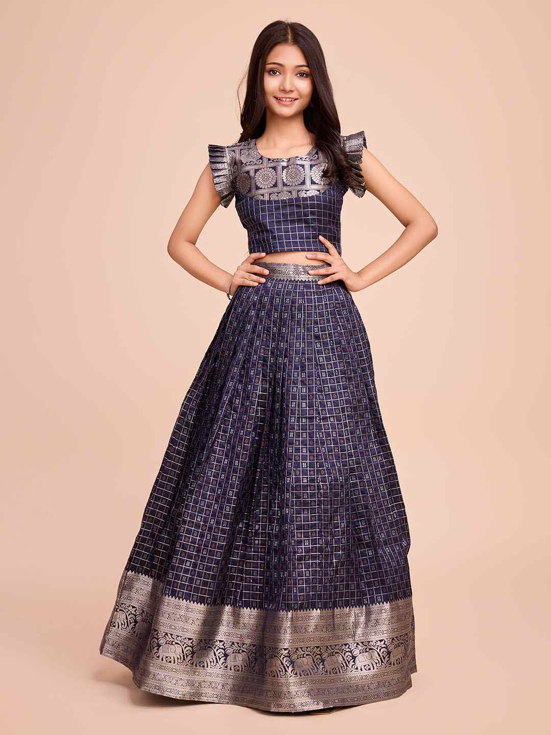 Tasarika Kids NAVY color Silk Sleeveless ethnic dress CHECK_NAVY