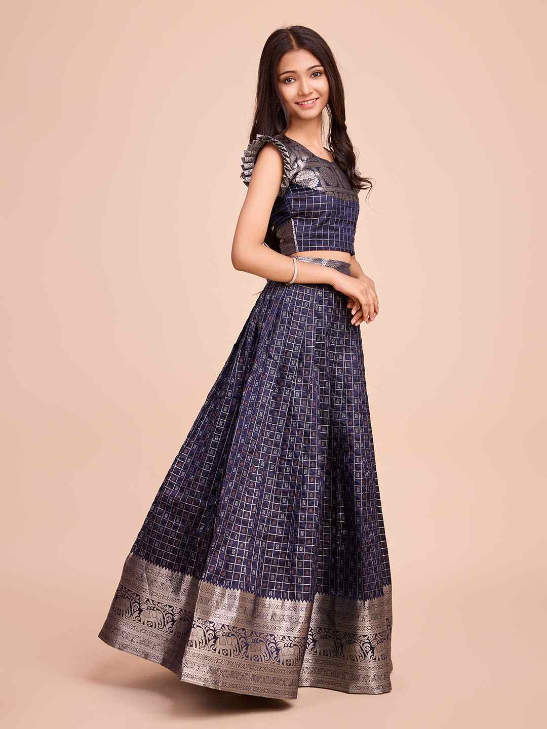Tasarika Kids NAVY color Silk Sleeveless ethnic dress CHECK_NAVY