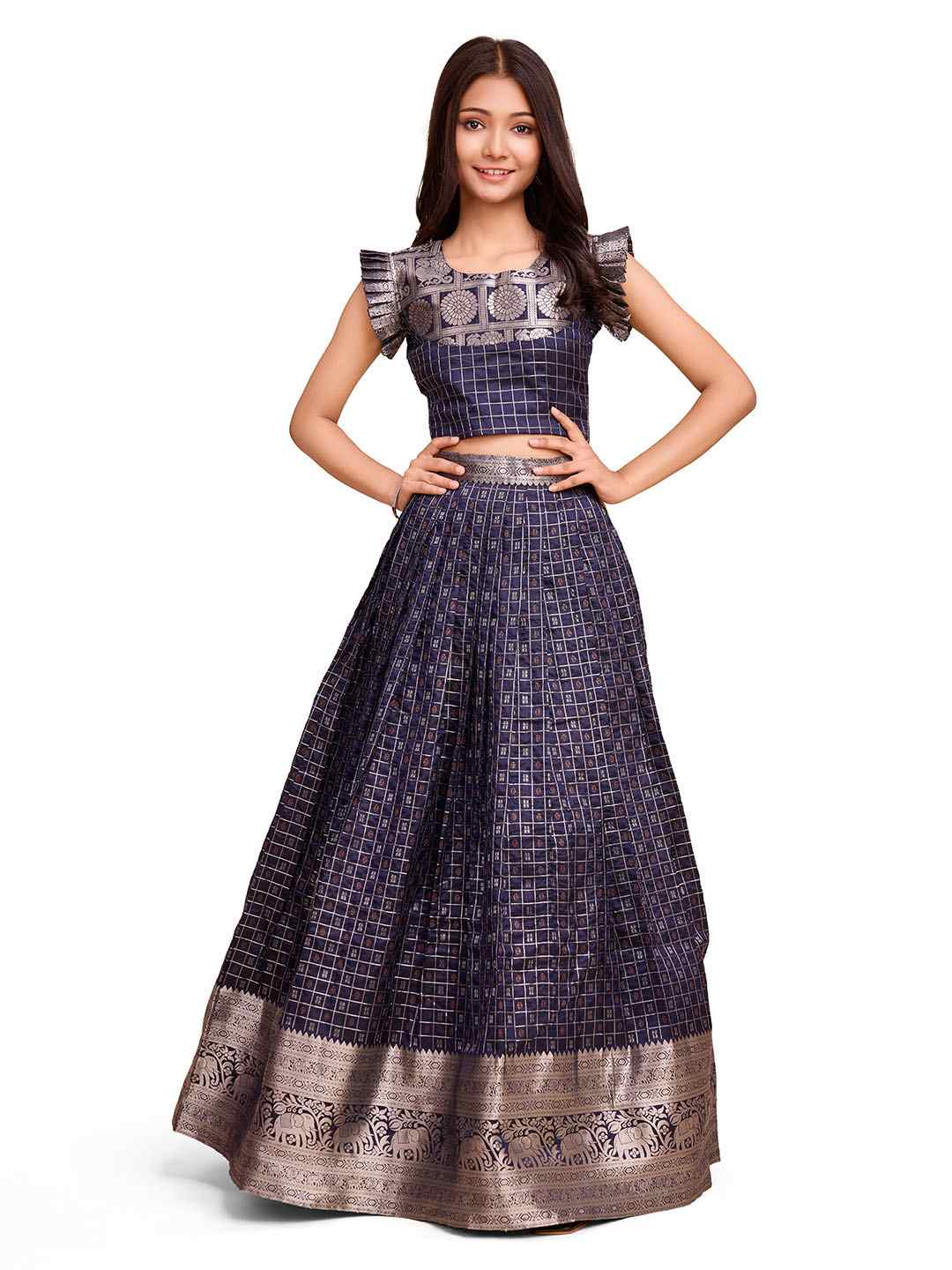 Tasarika Kids NAVY color Silk Sleeveless ethnic dress CHECK_NAVY
